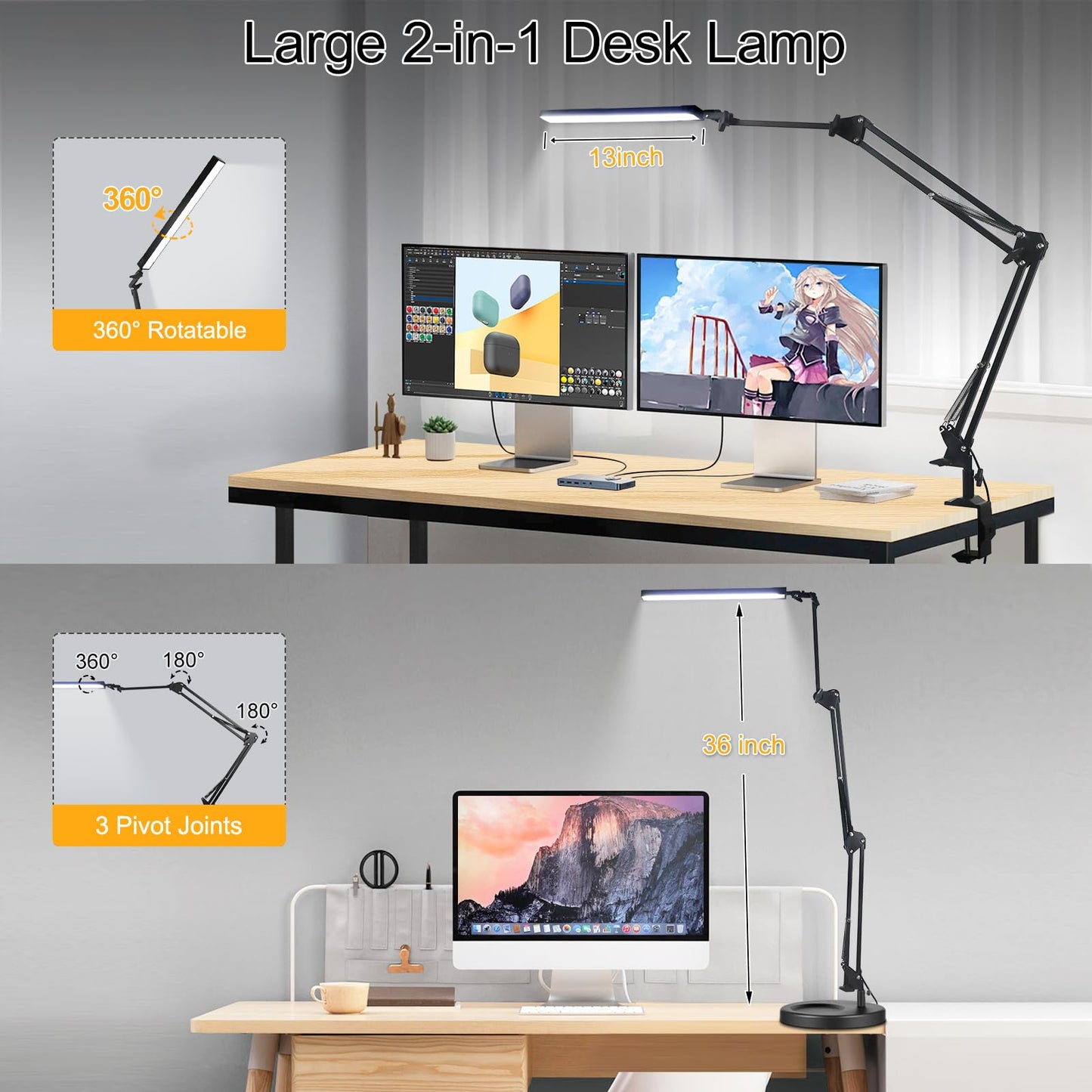 NOEVSBIG LED Desk Lamp with Clamp,2-in-1 Clamp on Desk Lamps with Base,50.7" Adjustable Swing Arm Architect Desk Lamp,Memory Function Desk Lights for Home Office,Workbench,Reading,Craft,Drafting