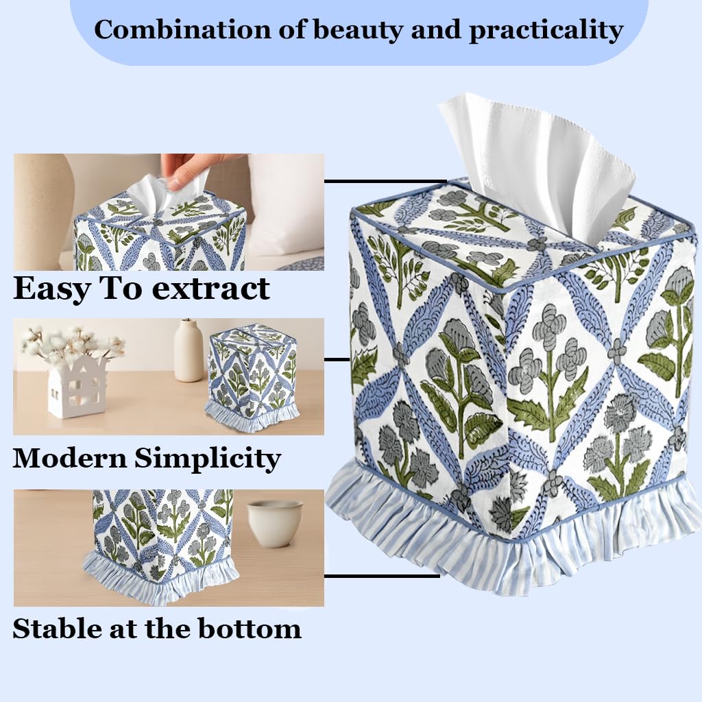 Ridhi Light Steel Blue Block Print Ruffle Tissue Box Cover Handmade Cotton Decorative Square Napkin Holder for Home Bedroom Living Room Bathroom Vanity Countertop Car Office Kitchen