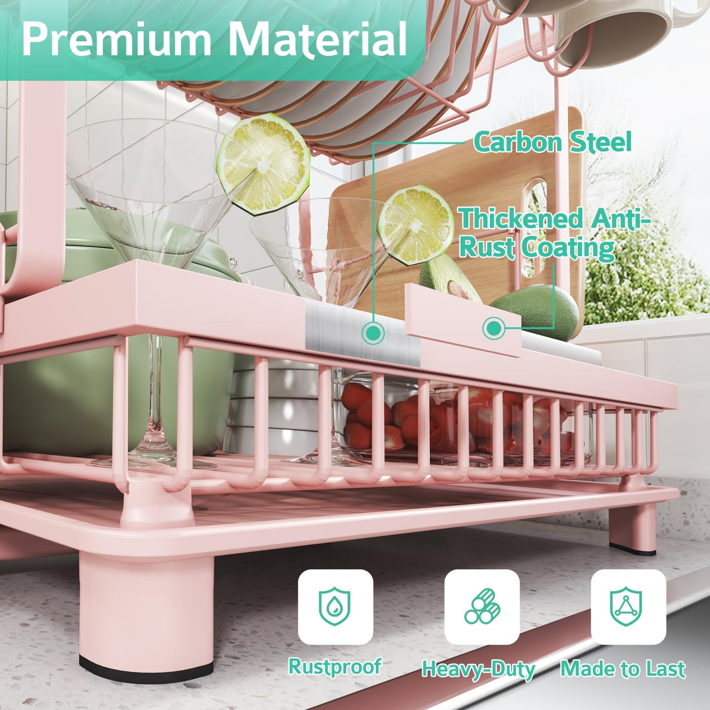 Nfnoyp Multifunctional Dish Drying Rack - Rustproof, 2-Tier Dish Racks with Drainboard, Space-Saving Design, Utensil & Cup Holder for Kitchen Counter, Pink