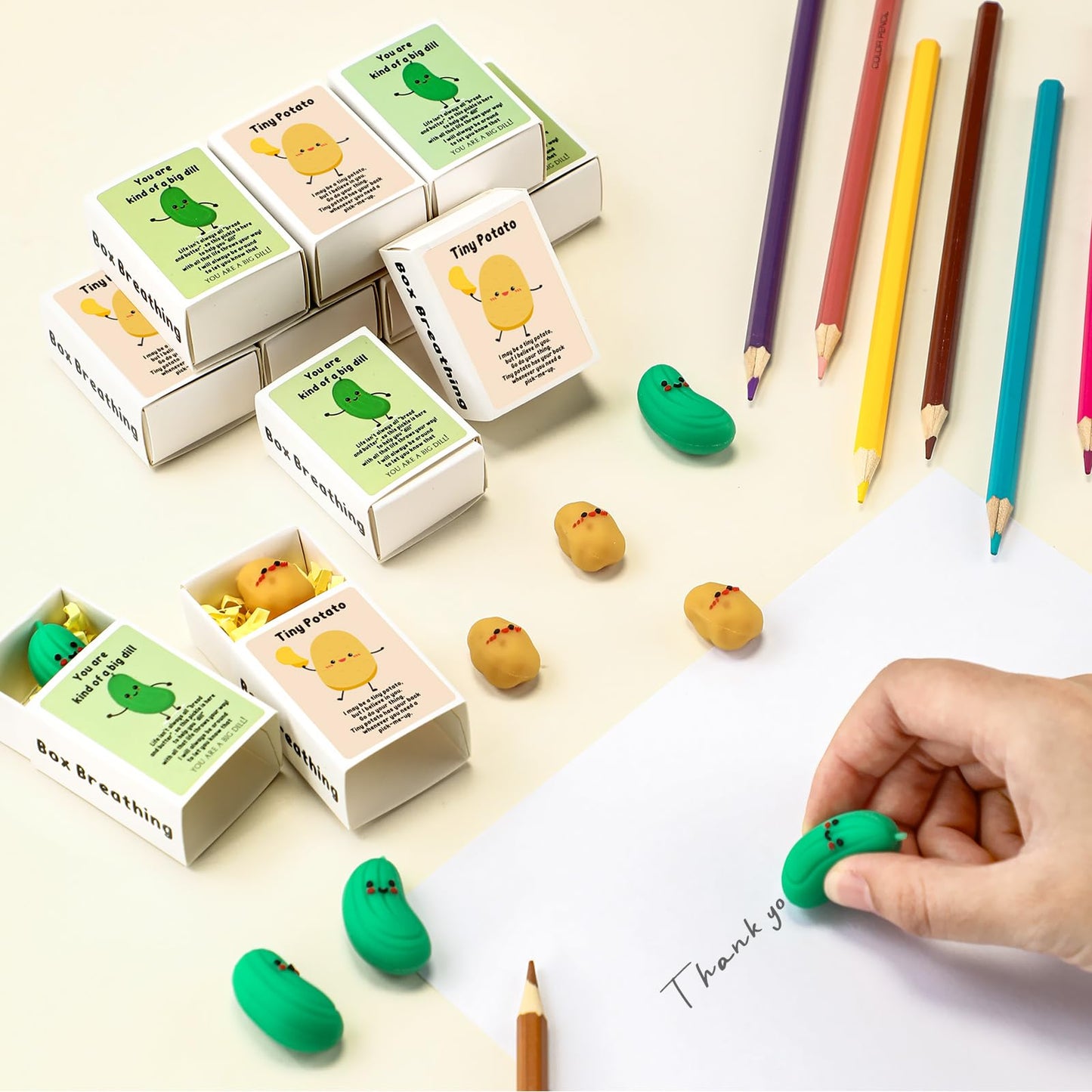 Sinload 100 Sets Emotional Positive Potato Pickle Eraser Desk Pet End of School Year Gift for Teacher Nurse Coworker with Box Raffia Pocket Hug Appreciation Gift for Office Team Staff Employee Friend