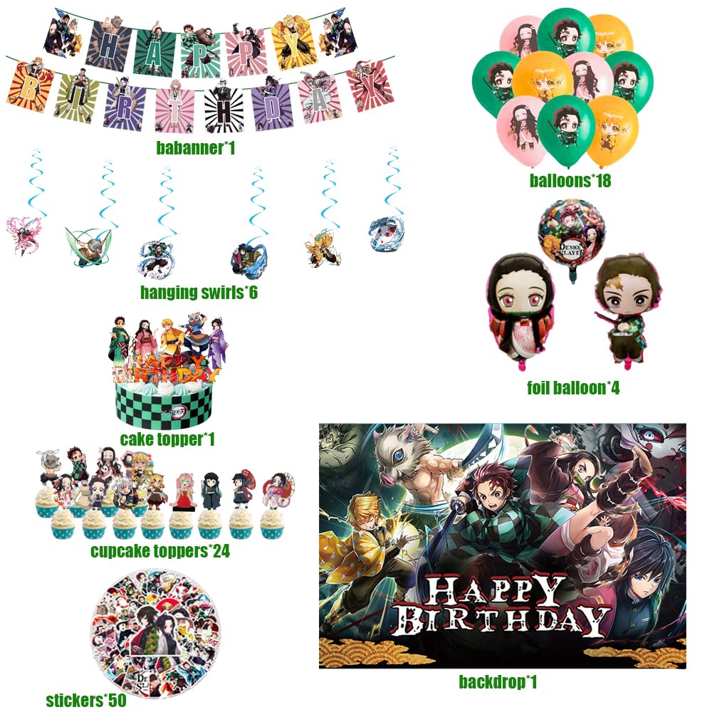 demon birthday party decorations，Anime theme party supplies,Including banners, balloons, tablecloths, dinner plates, etc.