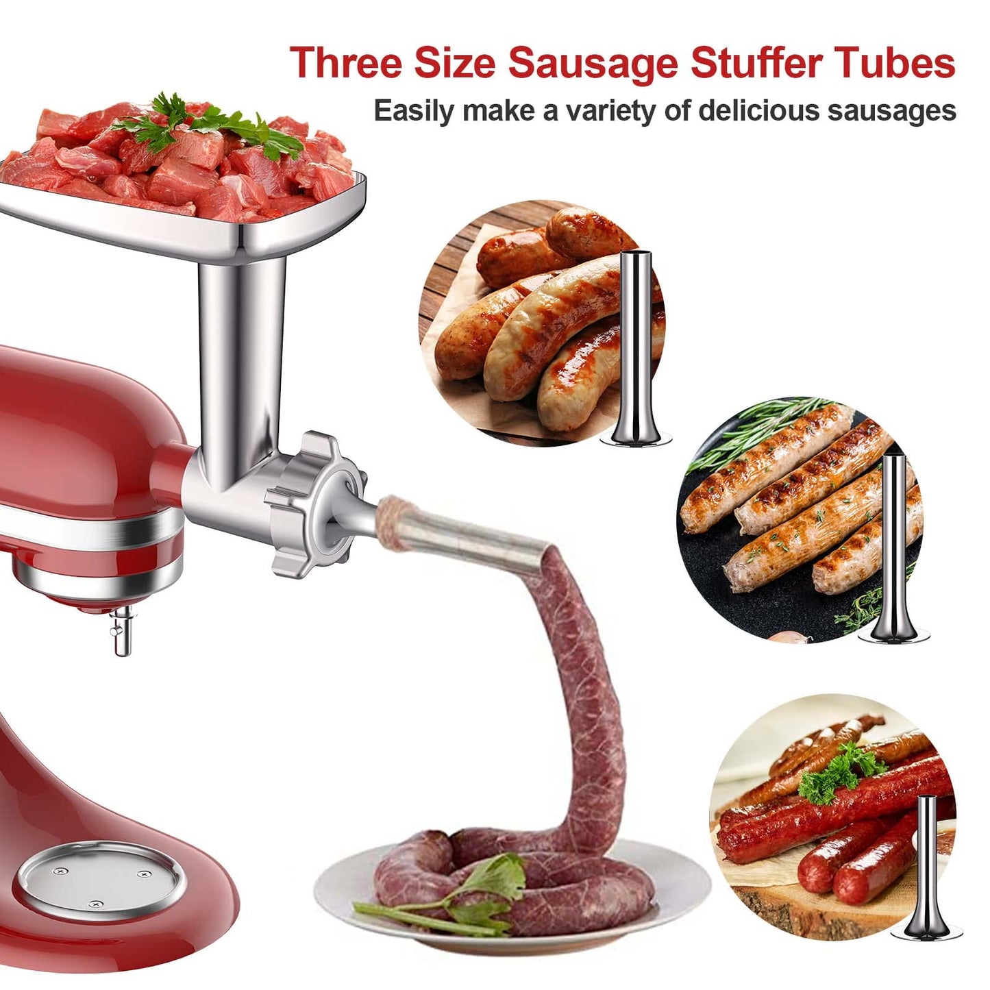 COFUN Meat Grinder for KitchenAid Mixer, All Metal Food Grinder with 4 Grinding Plates, 3 Sausage Stuffer Tubes, 2 Blades, Fast Grinding for Burgers Sausages Meatballs