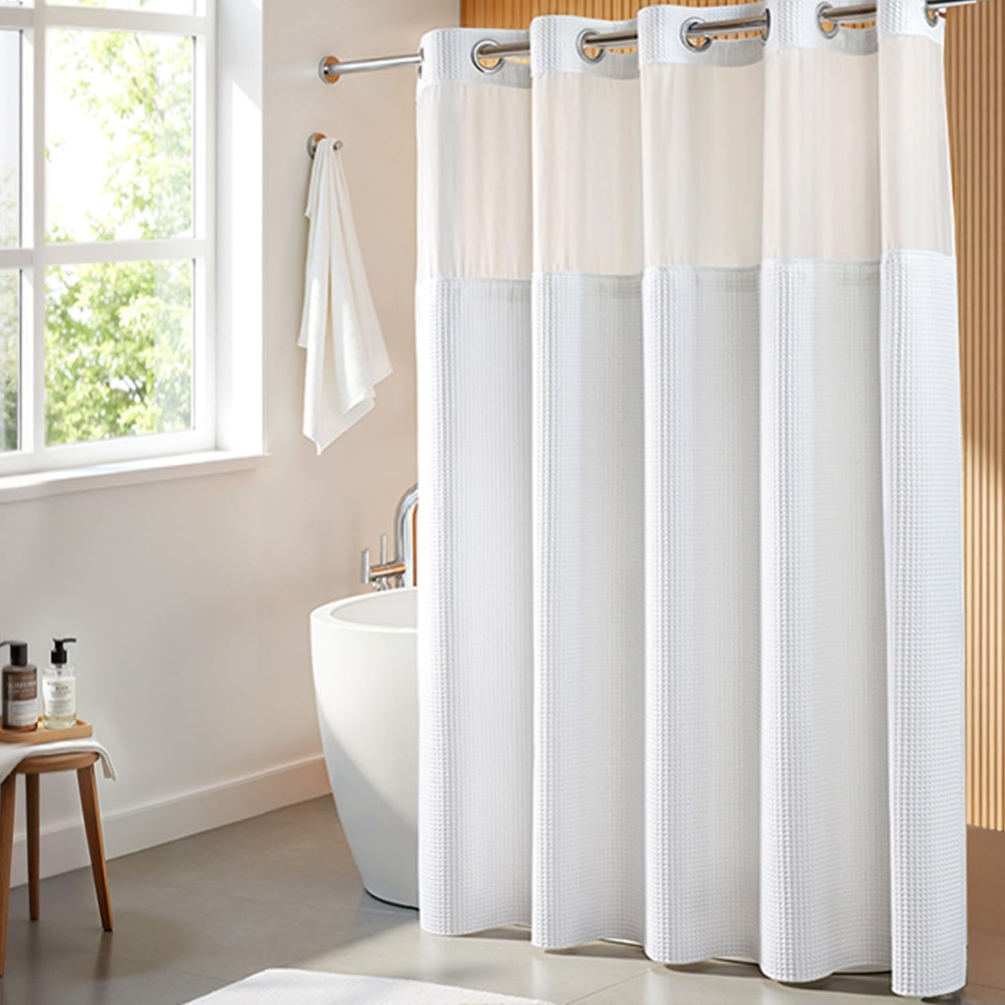 River Dream White Fabric Shower Curtain Set, Cotton Blend, Waffle Weave, with Snap in Replacement Liner，71 x 74 inches