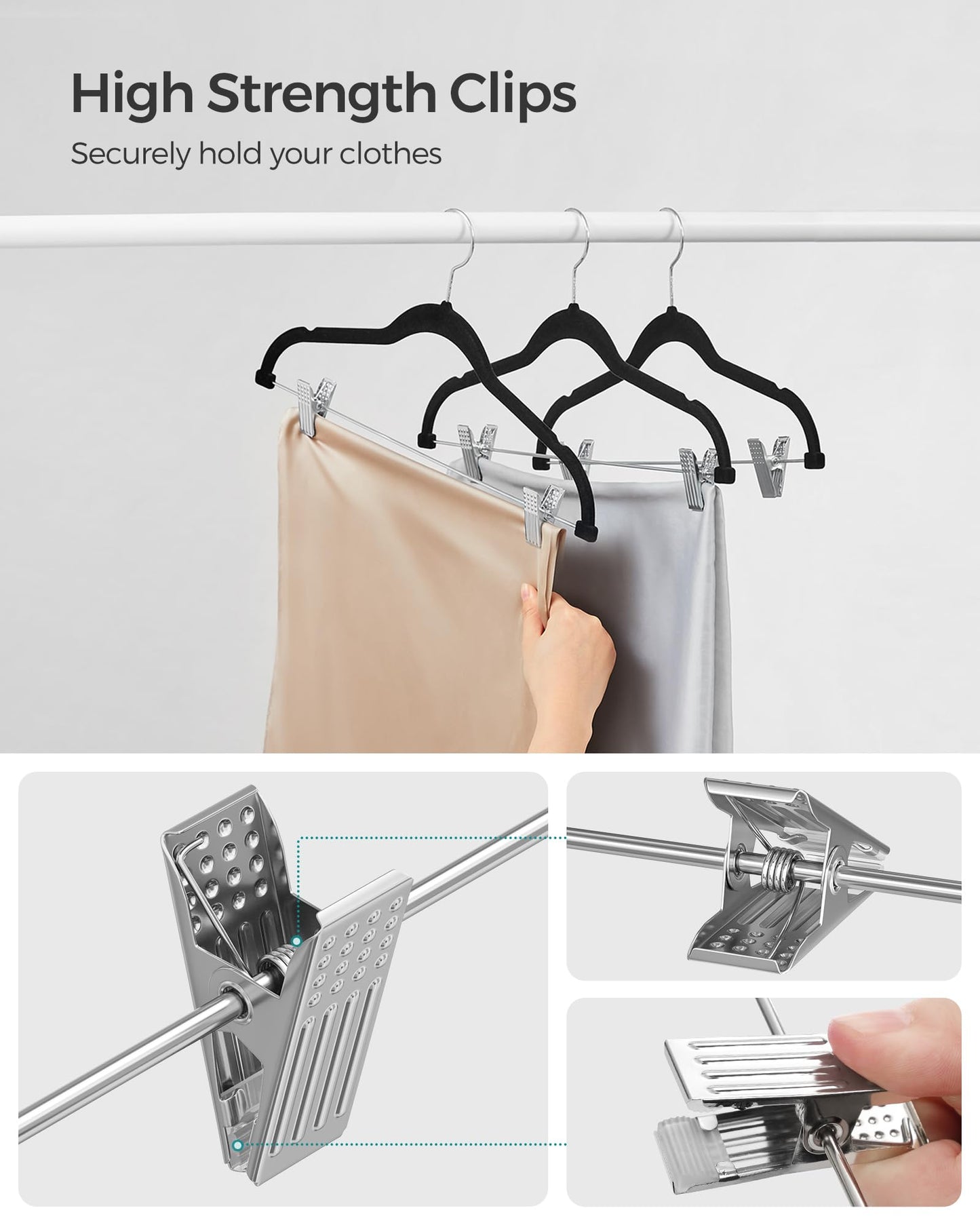 SONGMICS 20-Pack Pants Hangers, 16.7-Inch Long Velvet Hangers with Adjustable Clips, Heavy-Duty, Non-Slip Skirt Hangers, Space-Saving for Pants, Skirts, Coats, Dresses, Black UCRF012B20