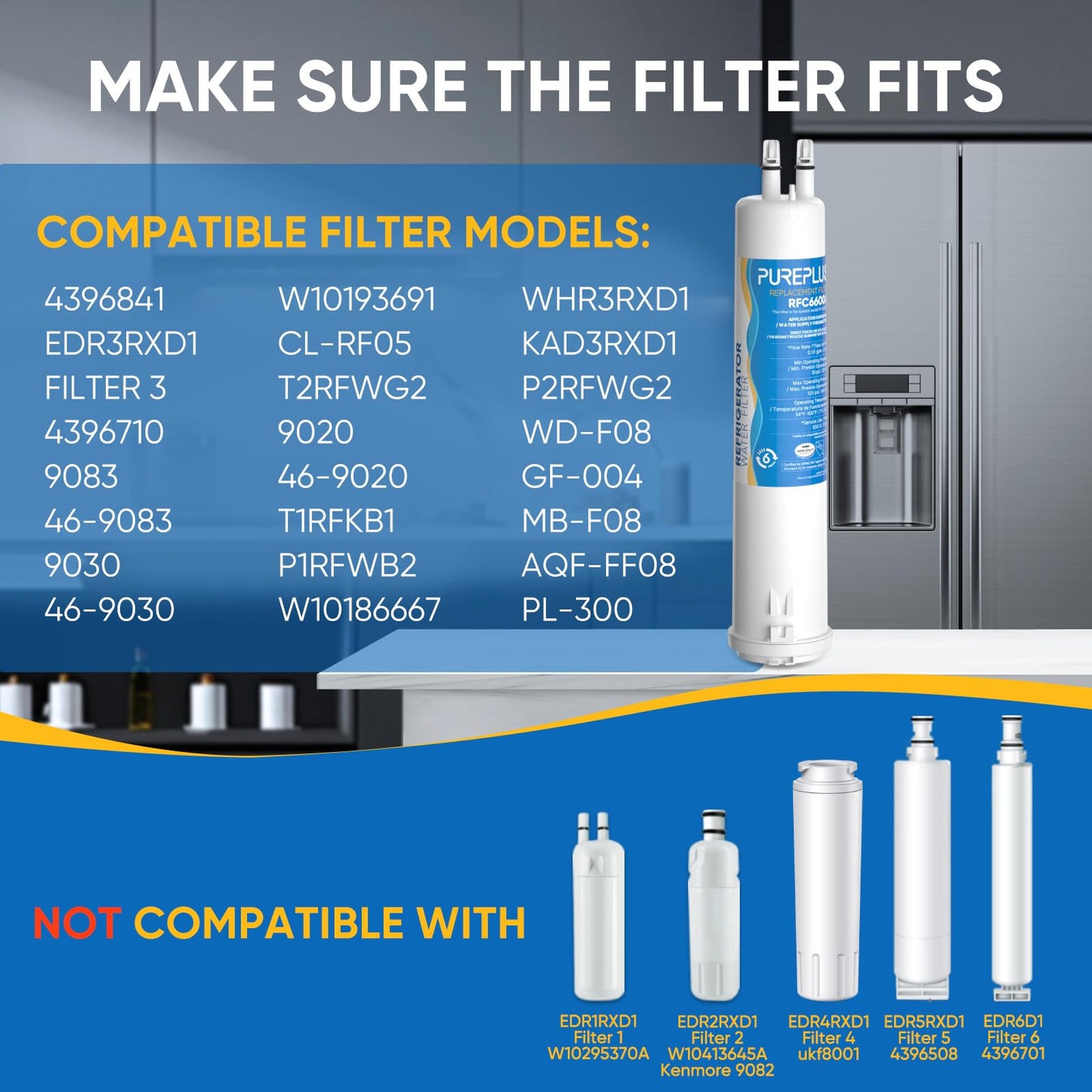 PUREPLUS Compatible with 4396841, Everydrop® Filter 3, EDR3RXD1, 4396710, 46-9083, 46-9030, 9030, 9083, Refrigerator Water Filter, 4Pack