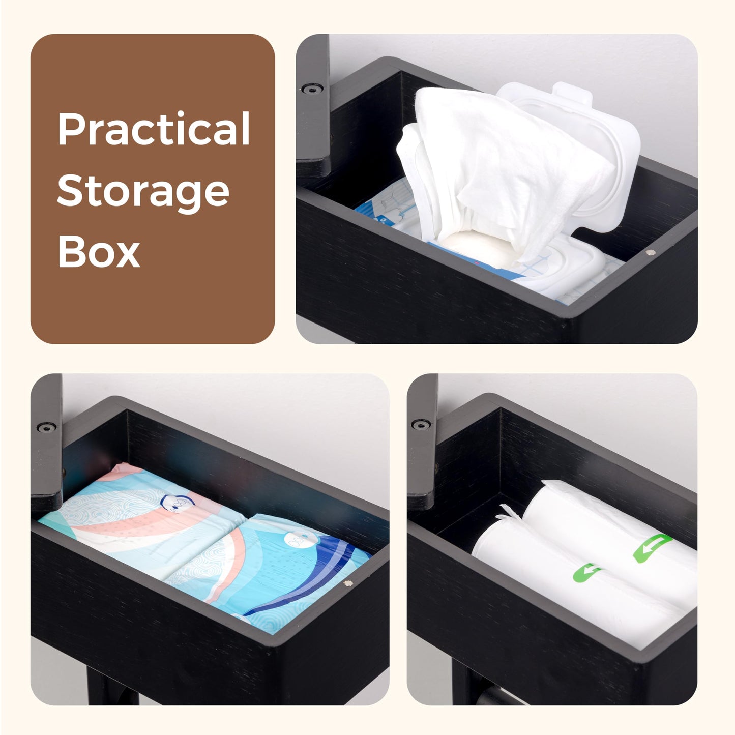 Wealone 4-in-1 Black Toilet Paper Holder Stand with Storage Shelf Box, 360° Rotating Bamboo Free Standing Toilet Tissue Roll, Toilet Wipes Dispenser Organizer, Temporary Desktop for Bathroom (Patent)