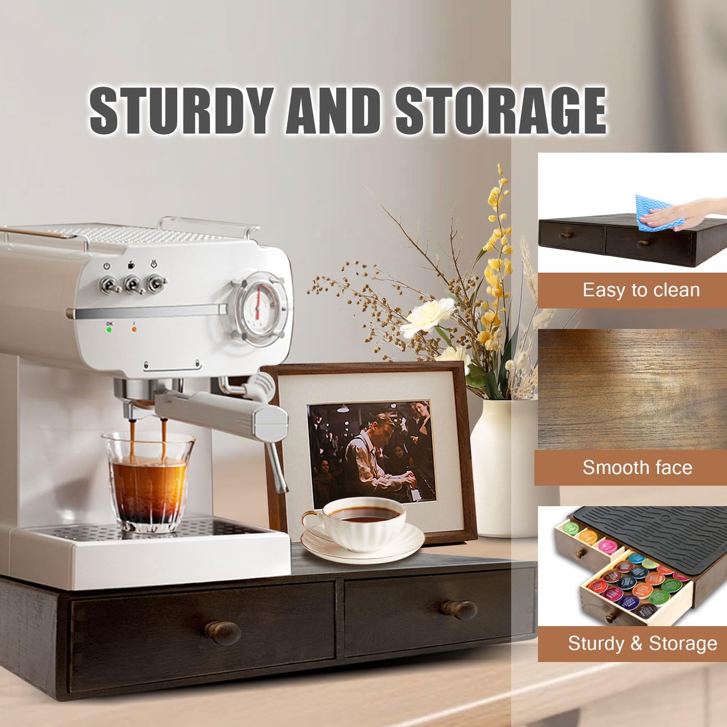 Lveesto Coffee Pod Holder Storage, Wooden K Cup Organizer for Countertop, K Cup Drawer and Tea Organizer for Counter, Coffee Station Organizer with Silicone Non-Slip Pad (30 Pod Capacity)