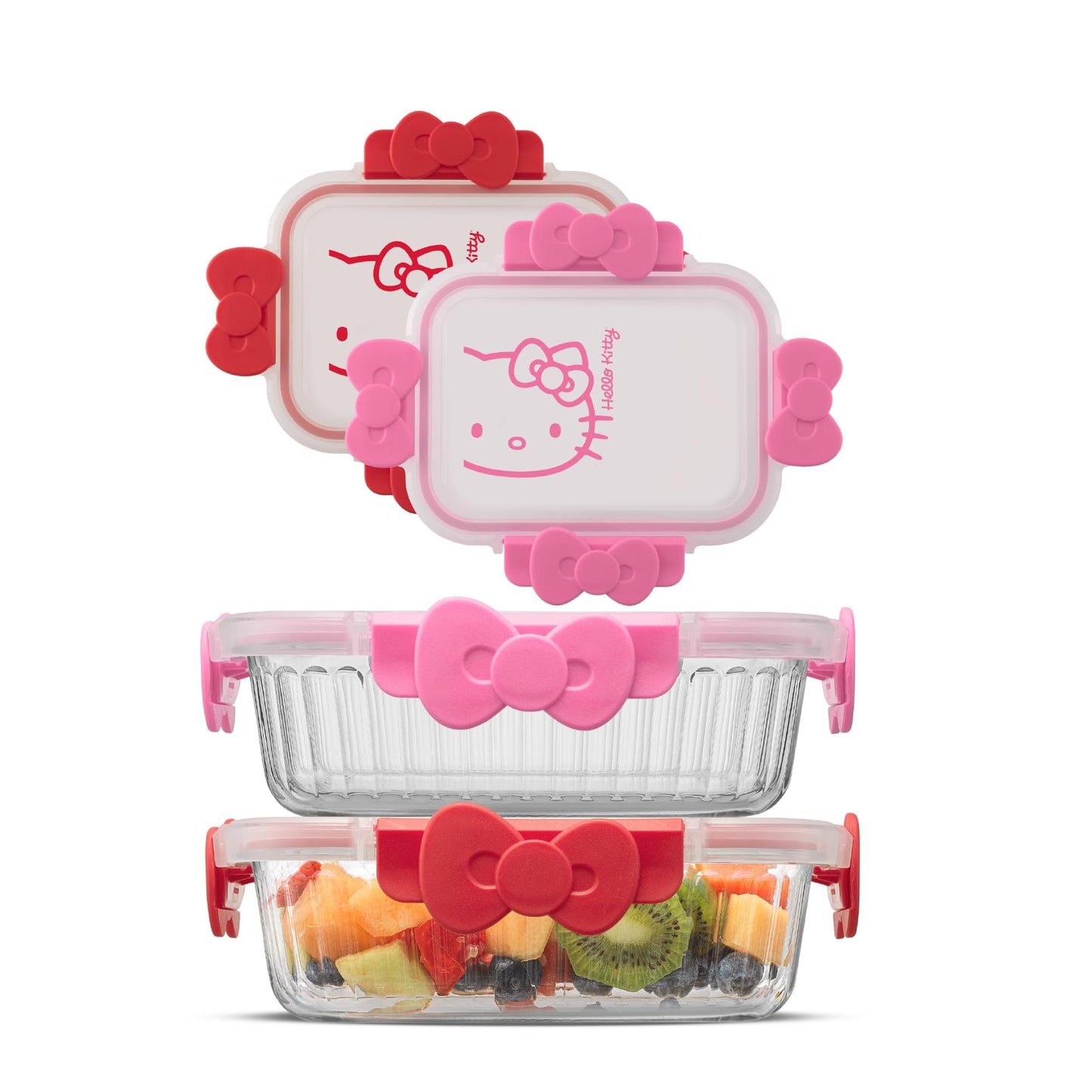 JoyJolt Sanrio Hello Kitty Fluted Glass Food Storage Containers with Lids, 2x Airtight Glass Storage Containers with Lids for Kitchen, Reusable Lunch Meal Prep Container, Cute Hello Kitty Gifts