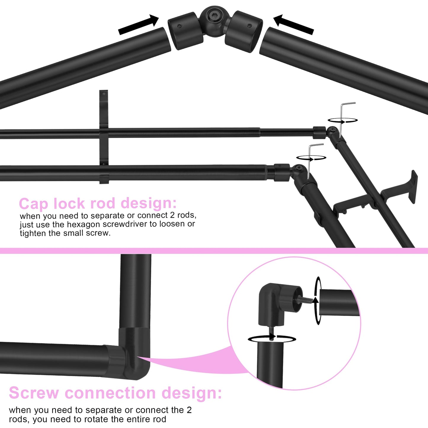 Mayrhyme Black Double Corner Window Curtain Rods with Aluminum End Cap Finials and Brackets,1 Inch Diameter Dual Bay Window Curtain Rods, Adjustable 2 Sided 36-72 Inch Double Drapery Rod
