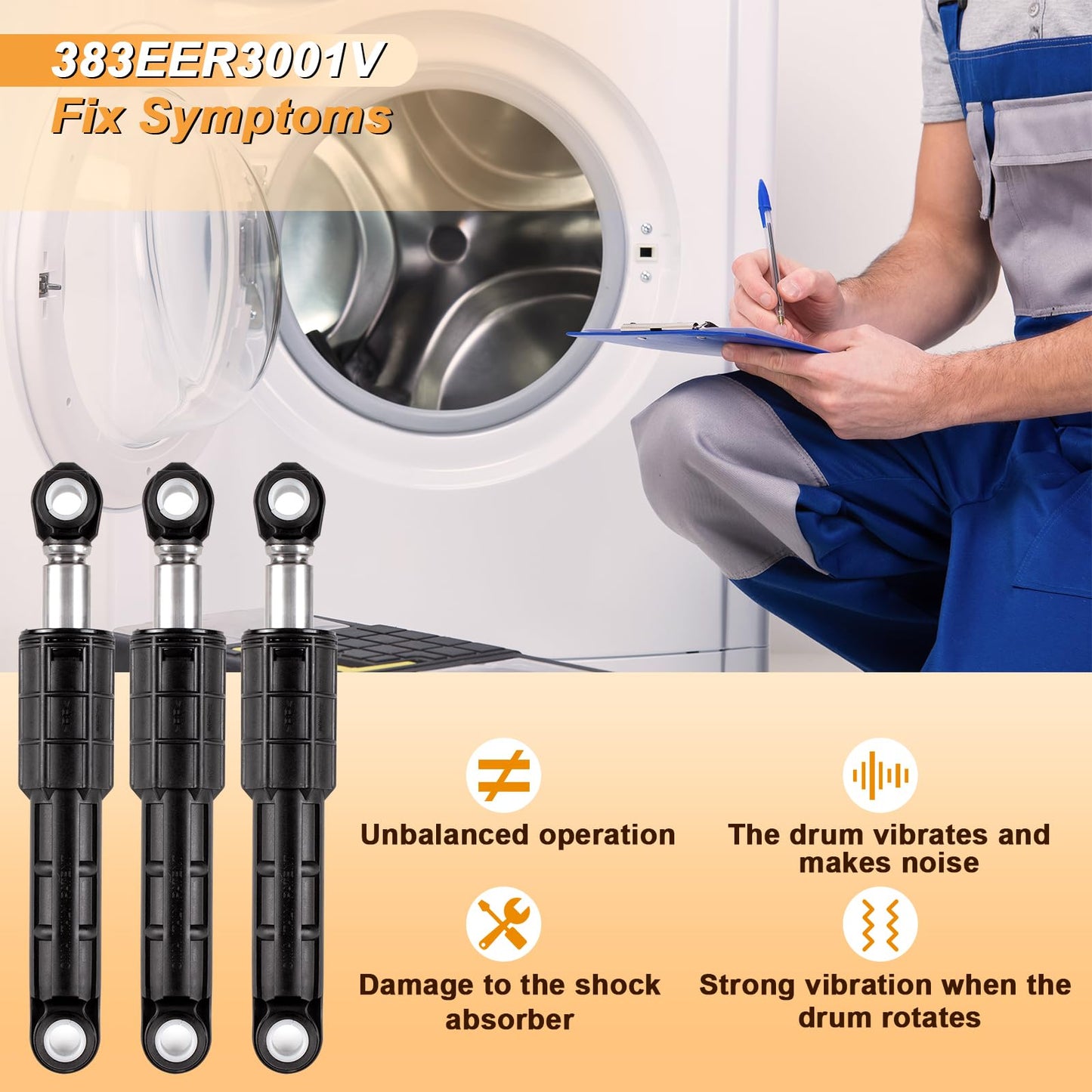 Upgraded 383EER3001S 383EER3001V Washing Machine Shock Absorber for LG Kenmore/Sears Washers, Replaces AP4998813 PS3522315 PS3522317-3-Pack - 1 Year Warranty