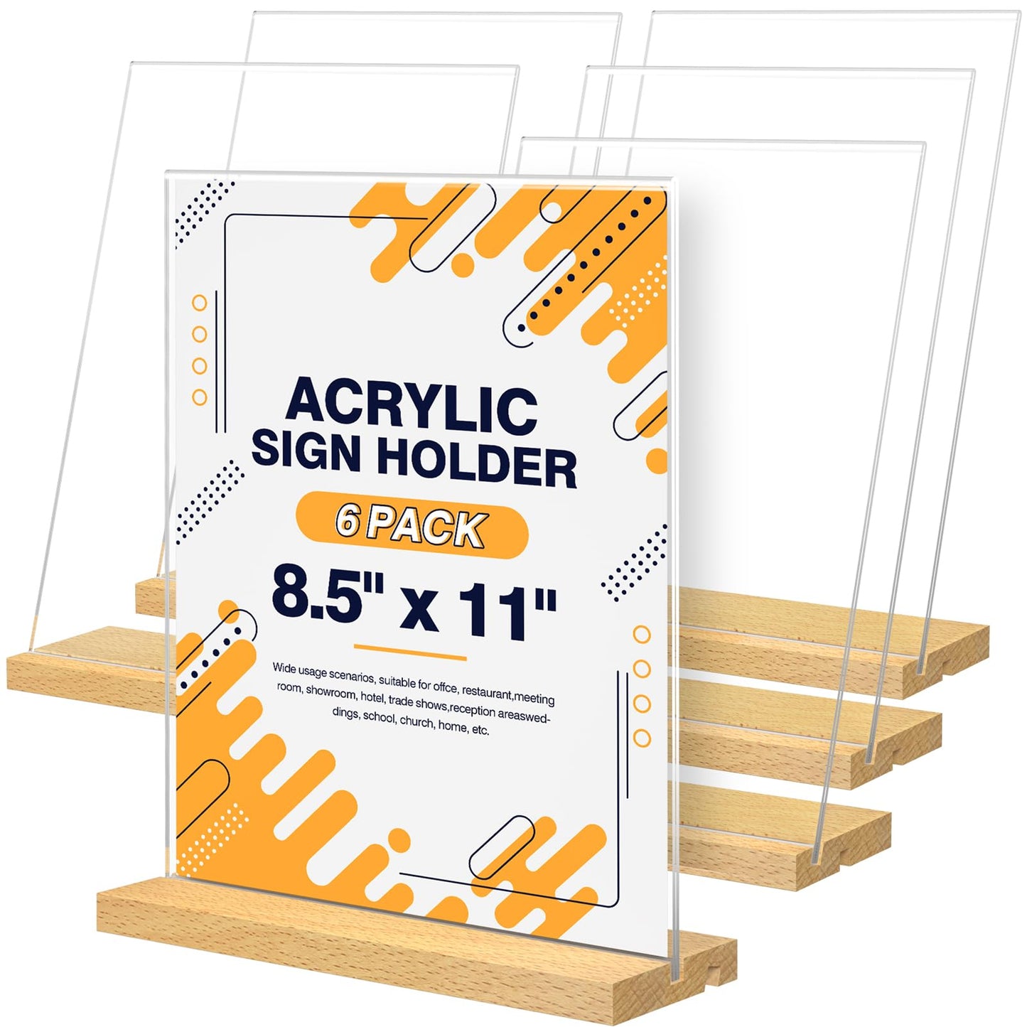 SVOPY 8.5 x 11 Acrylic Sign Holder with Wood Base - Tabletop Display Menu Stand - Clear Plastic L/T Shape Vertical or Slant Back Paper Holders - 6 pack