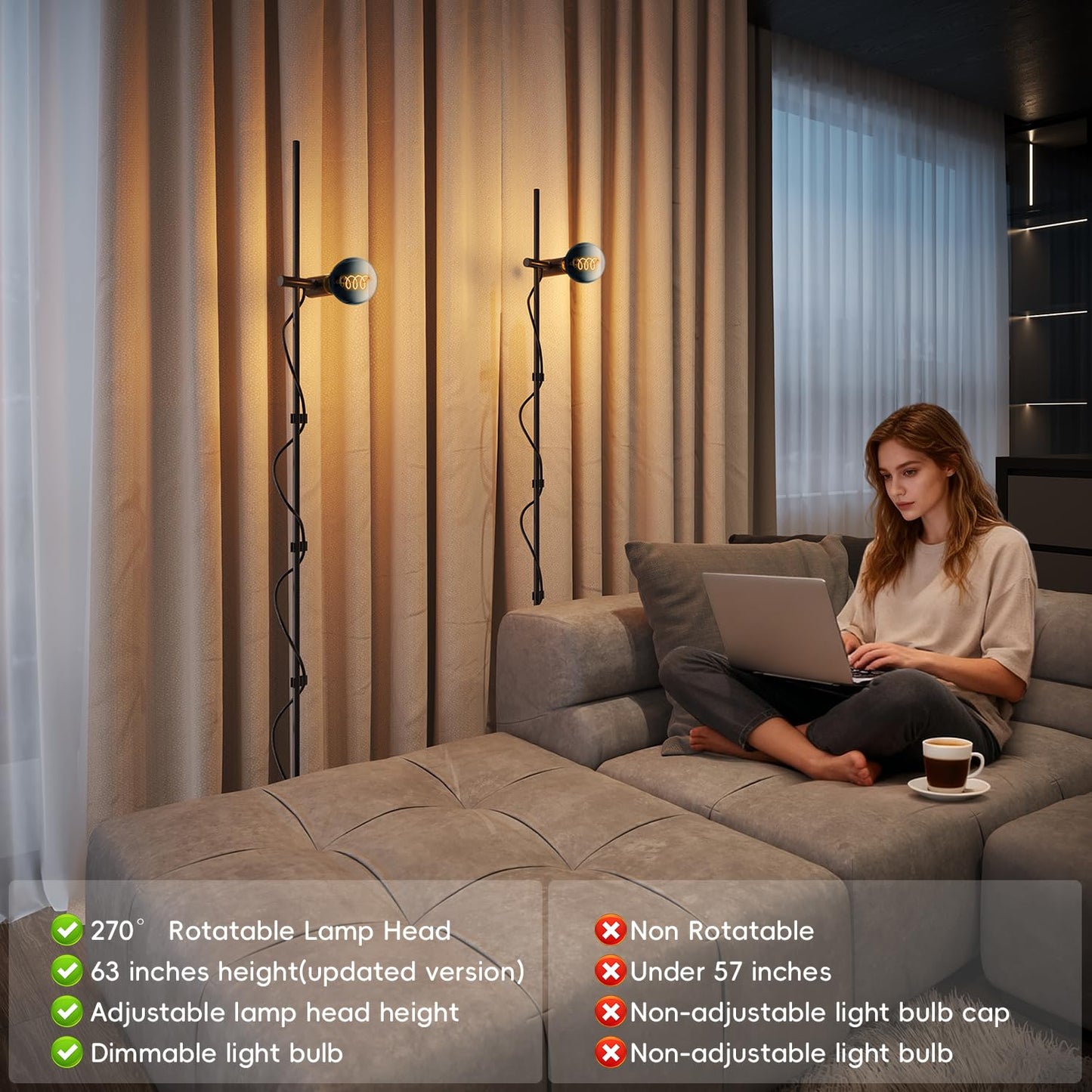 MOSLIAN Floor Lamp for Living Room,Adjustable Height&Dimmable&Rotatable lamp Head Standing Floor Lamp,2200K Warm Ambiant Lighting with Gradient Brown Bulb for Living Room,Bedroom (Bulb Included)