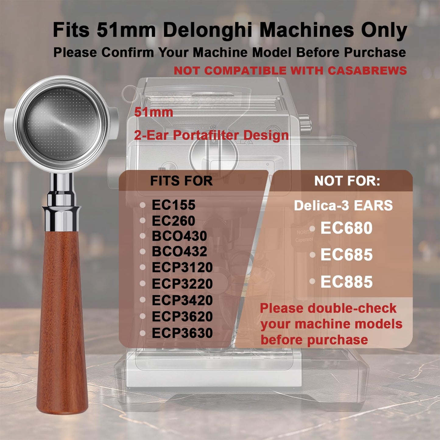 PELYN 51mm Bottomless Portafilter 2 Ears Fits DeLonghi Stilosa EC155/EC260, BCO430, ECP3120/3220/3420/3630, 5Pcs Espresso Portafilter Kit with WDT Tool, Puck Screen, Filter Papers & Coffee Scoop