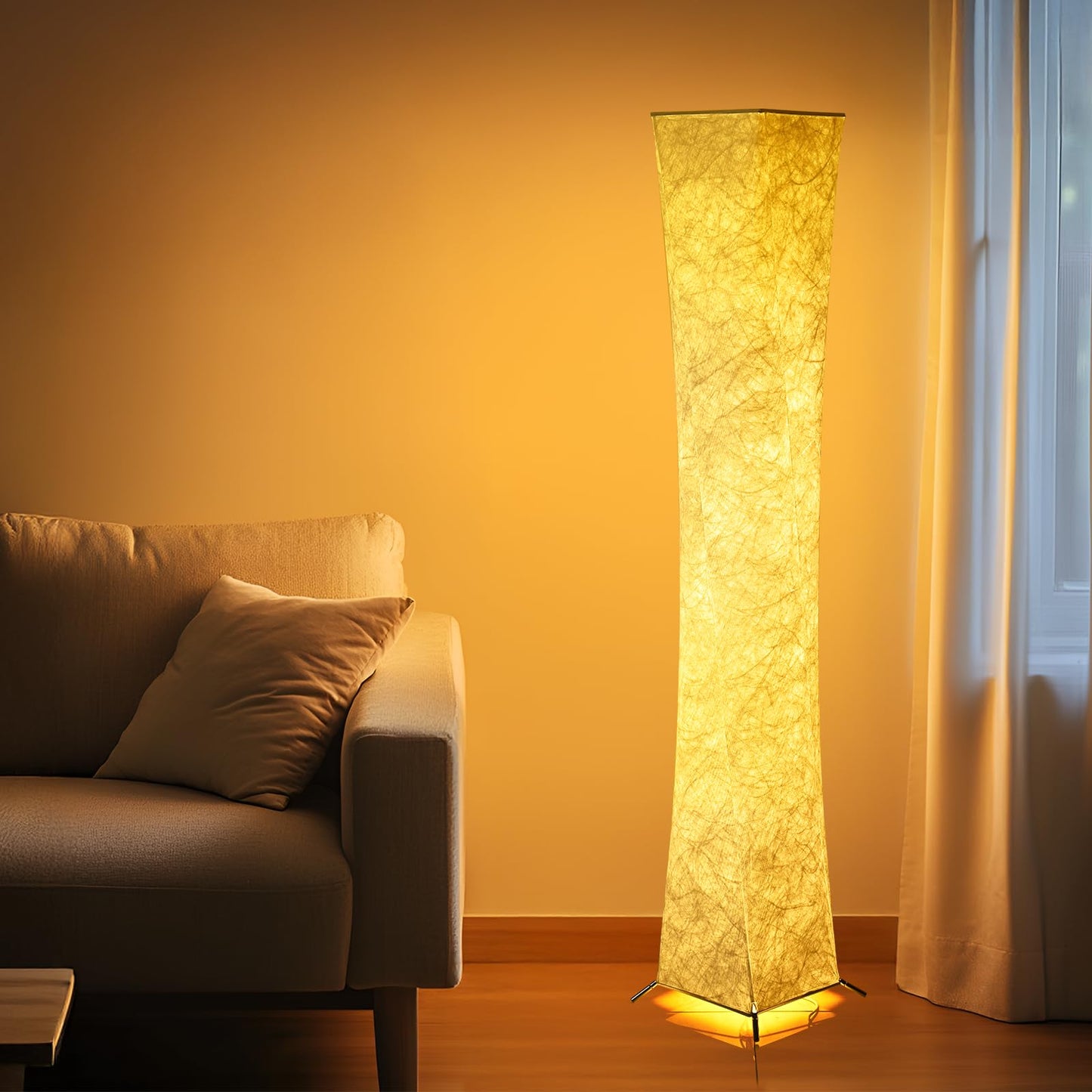 YIEONSHION Modern Floor Lamp with Soft Light, 52 Inch, Remote Control for 3 Colors & Brightness, Energy Efficient LED Tyvek Fabric Shade for Bedroom, Living Room