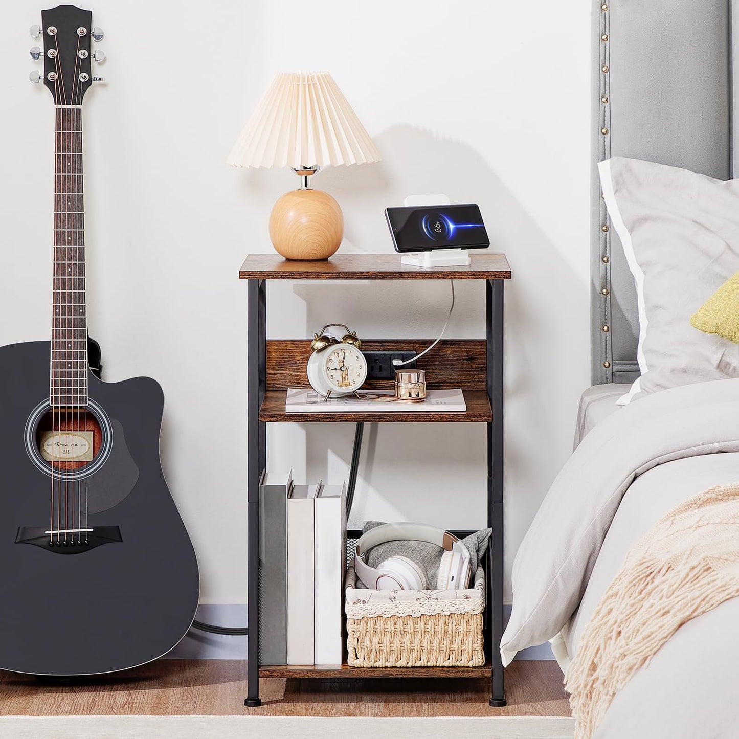 AMHANCIBLE Record Player Stand with Charging Station, Turntable Stand with Storage Cabinet, 3 Tier End Table Hold Up to 100 Albums, Record Table for Vinyl, Living Room, Rustic Brown, HETCD01BR-1