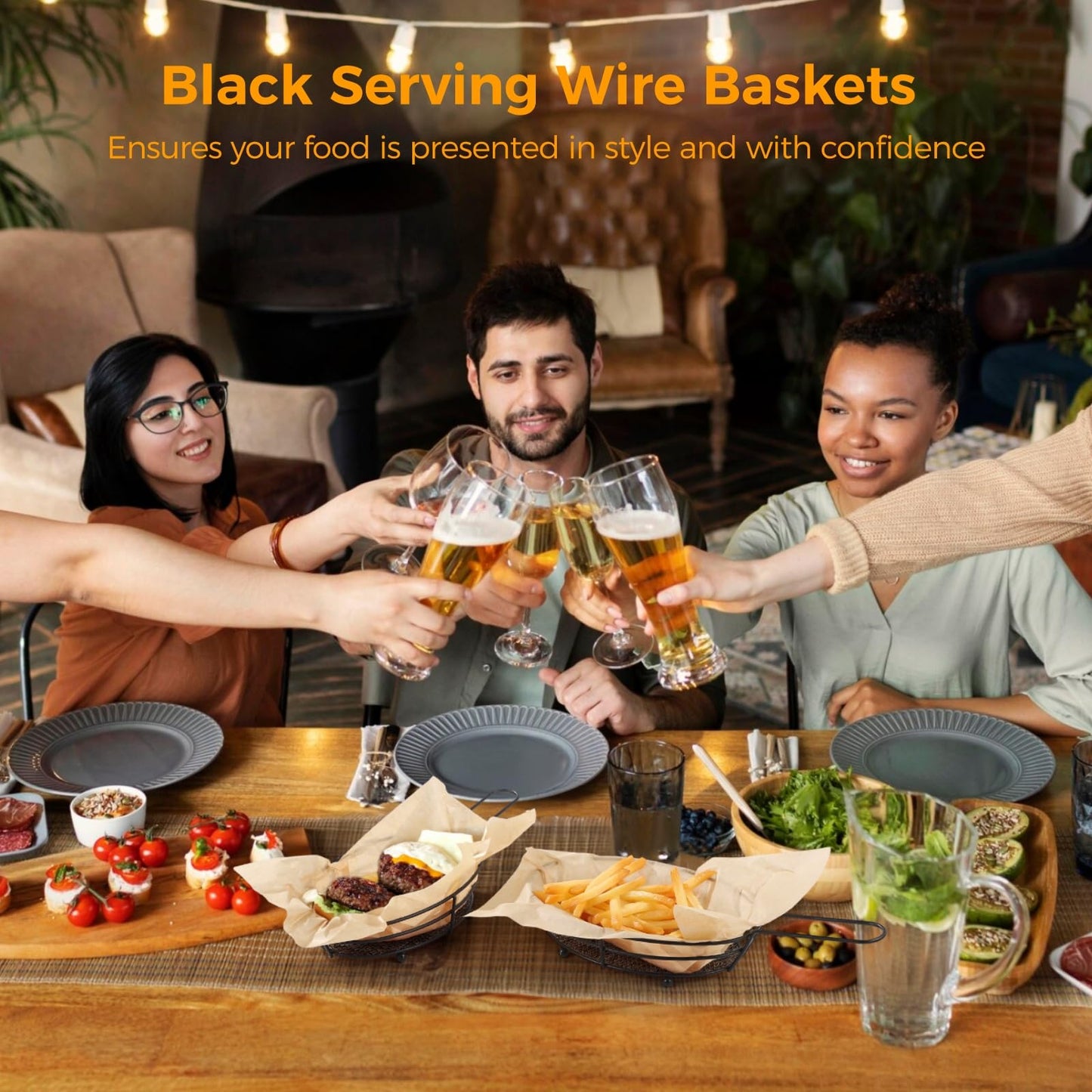 Toyosport 12 Pack French Fries Baskets, Black Iron Serving Baskets with Handles, Oval Mesh Food Presentation Trays with 50 Deli Papers, Fried Food Bowls, Small Fryer Holders for Parties, BBQ, Kitchen