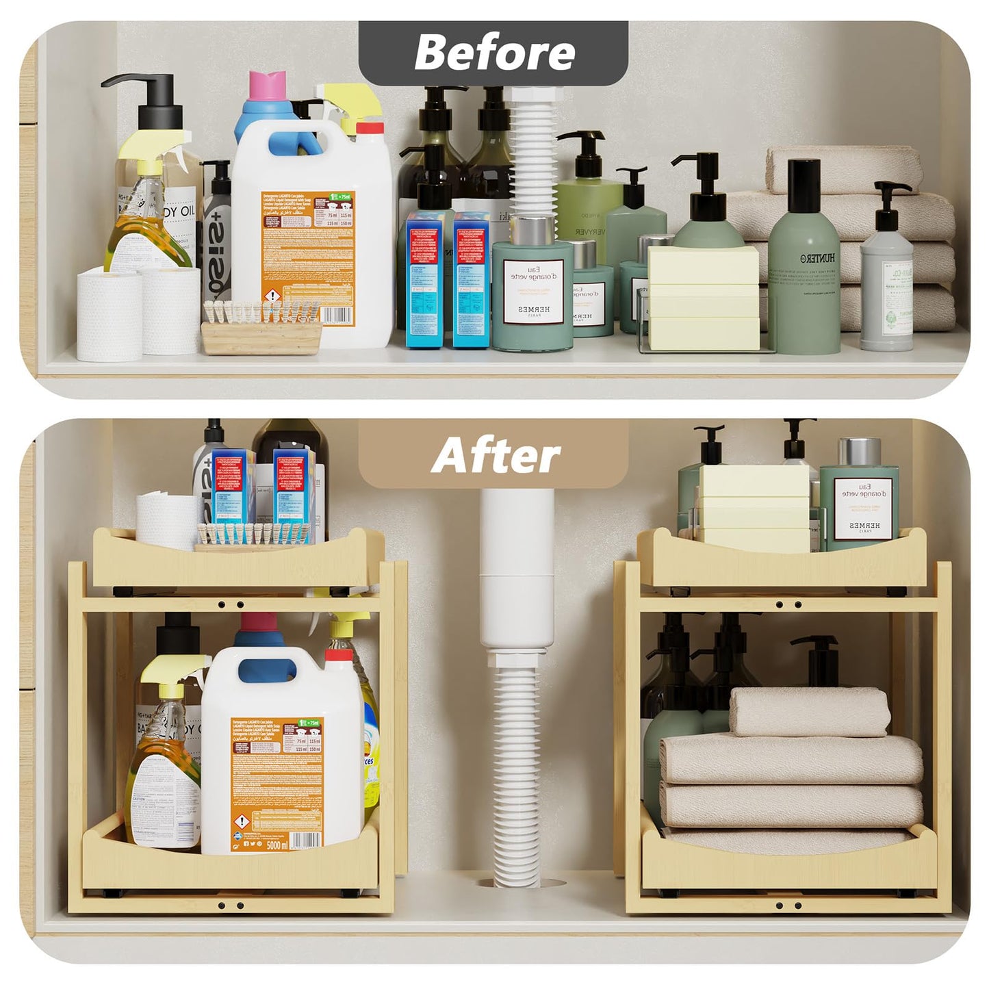 Bamboo Under Sink Organizer Adjustable Height 2 Tier Bathroom Organizer Pull Out Cabinet Storage Kitchen Heave Duty Wood Slide Ou Shelf for Kitchen Bathroom (Black, 2 Packs) (Nature, 2 Packs)