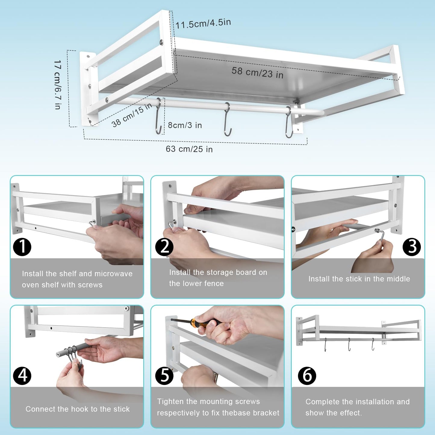 ABCOOL Wall Mount Microwave Oven Shelf Rack for Kitchen Home, Black Carbon Steel Counter Countertop Holder with Hook Rail and 3 Slidable Hooks