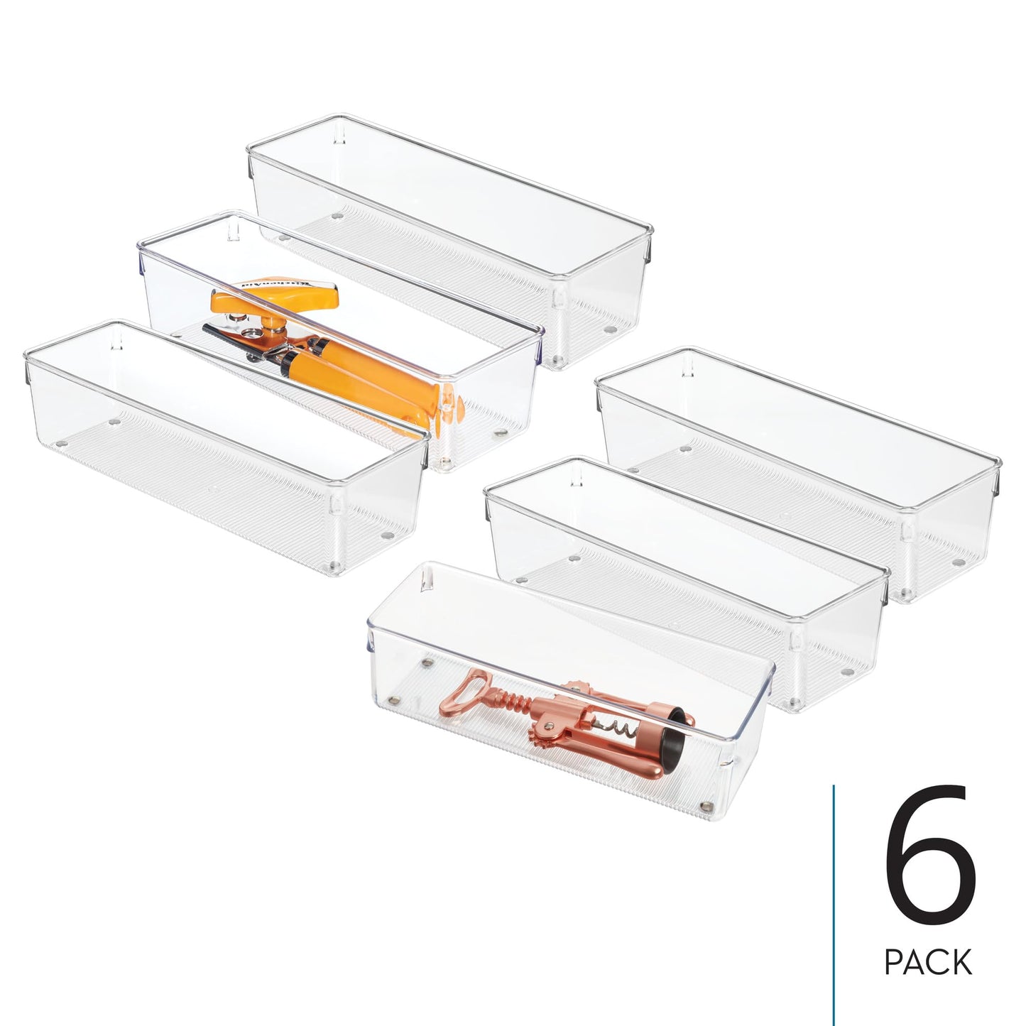 iDesign Plastic Drawer Organizer Bins - Storage for Kitchen, Bathroom, and Desk Drawers - Set of 6 - Clear