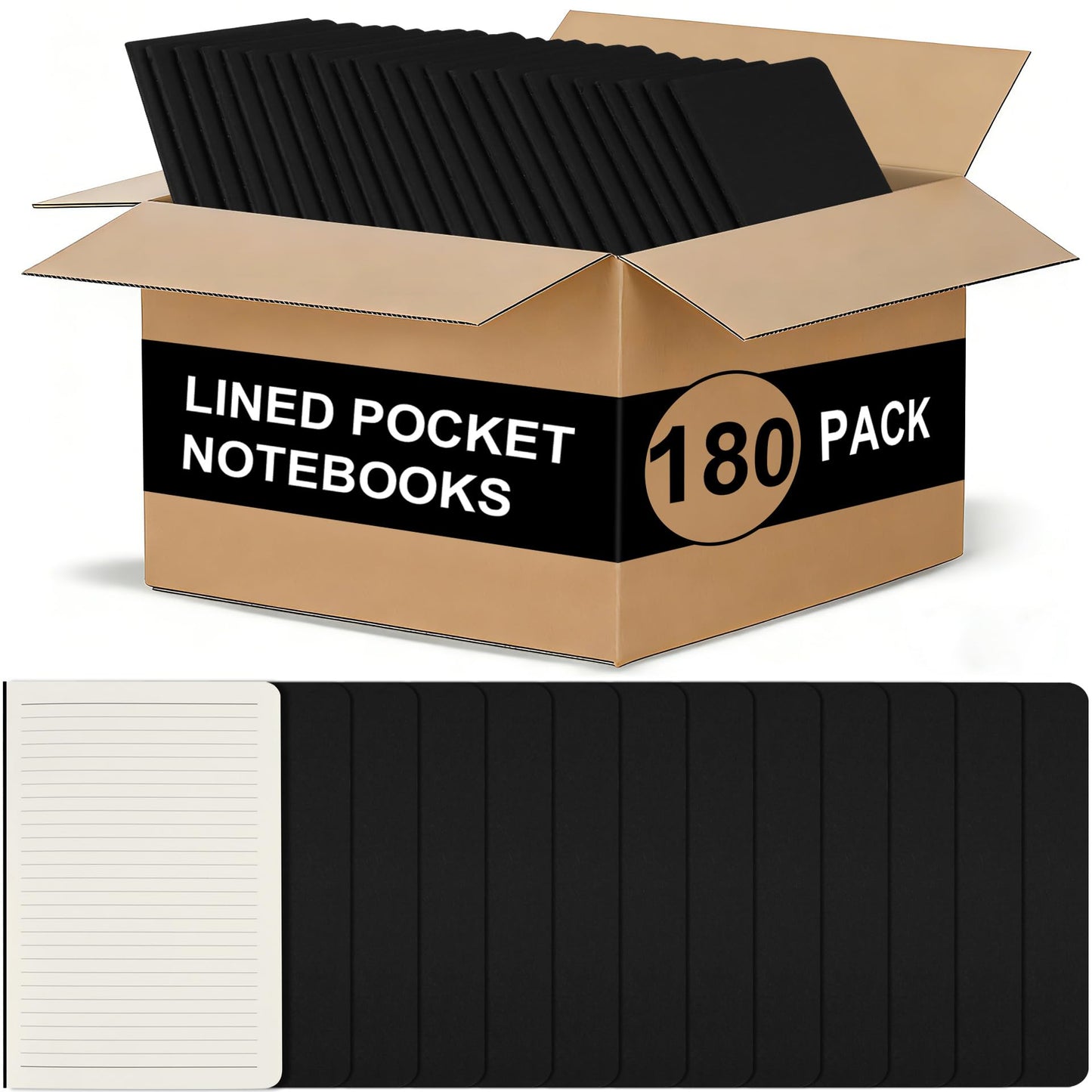 ZCZN 180 Pack Kraft Pocket Notebooks Bulk, 3.5 X 5.5 Inches Lined Paper Journaling Notebooks, 30 Sheets/60 Pages, Mini Journal Notebooks for Work, Writing, Traveler Memo Notepad(Black Cover)