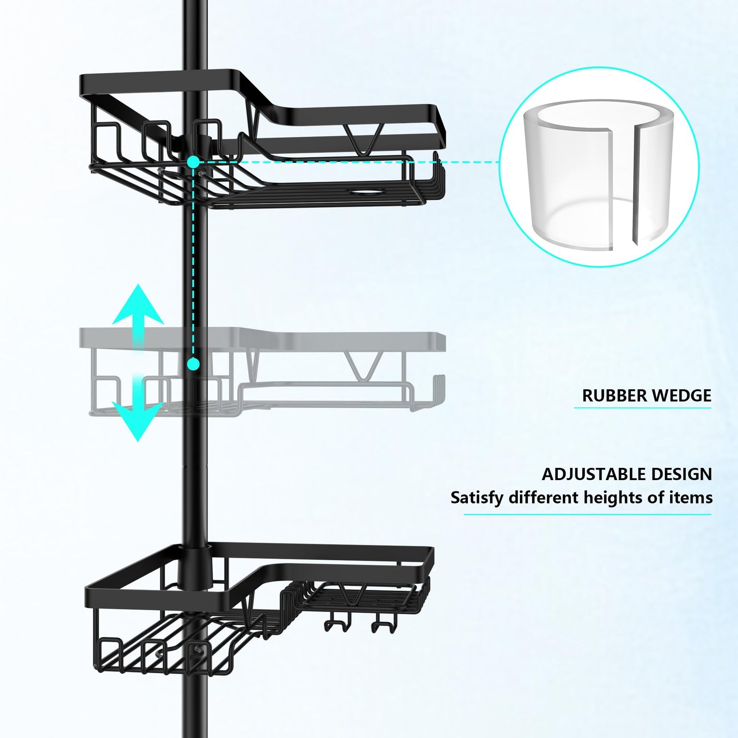 DAOYA Corner Shower Caddy Tension Pole - 4 Tier Stainless Steel Rustproof Shower Corner Caddy for Bathtub Bathroom Shower Organizer Shelves Adjustable Pole 25-114.2 Inch Black