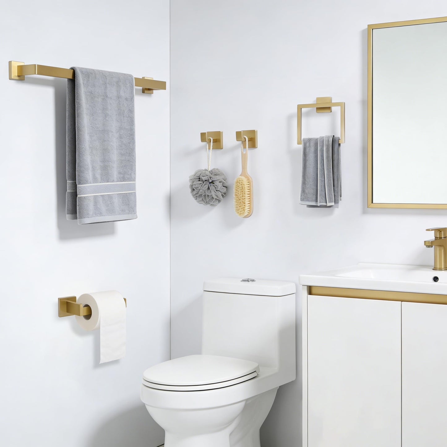 KOSEOO 5-Pieces Brushed Gold Bathroom Hardware Set, SUS 304 Stainless Steel 24.48 Inch Square Towel Bar Set with Towel Ring Robe Towel Hooks and Paper Towel Holder for Bathroom Wall Mounted