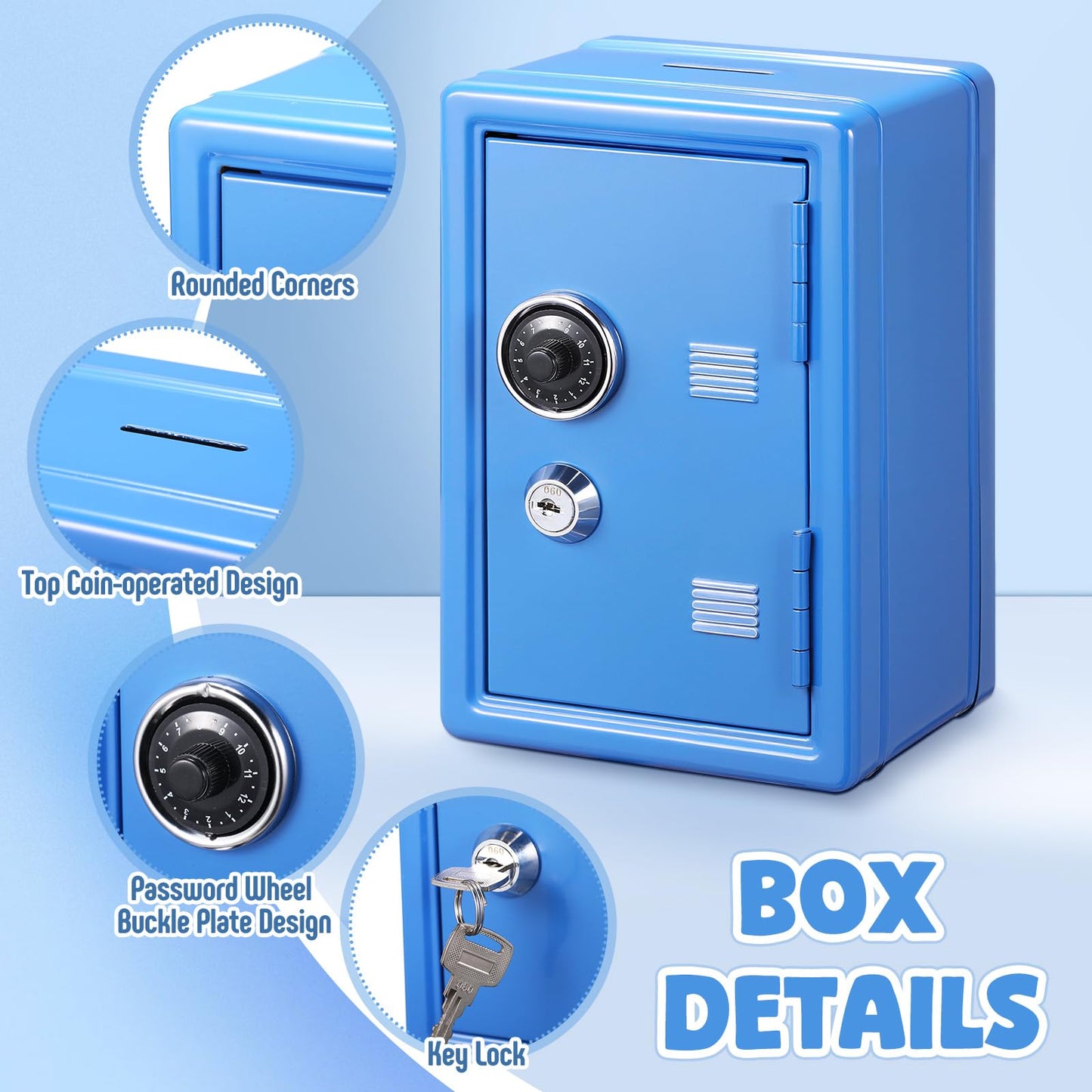 Zonon 3 Pcs Mini Safe Piggy Bank for Kids, Metal Locker Toy Safe Box for Boys Girls Money Cash Coin, Steel Money Saving Box with Lock 2 Keys Coin Tray 7. 1"x 4. 7"x 3. 9"(Blue, Pink, Ivory White)