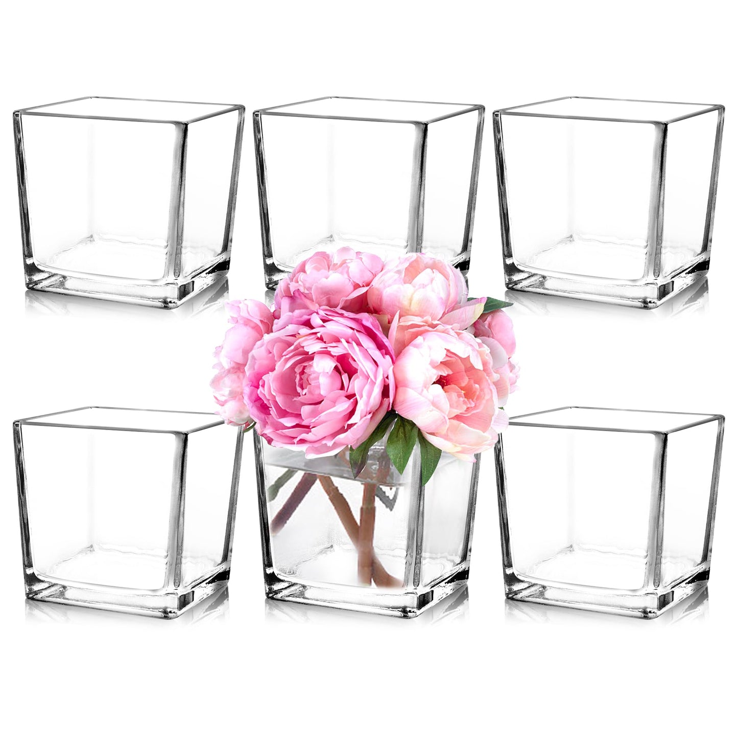 Comrzor Set of 6 Square Glass Vases 5" x5" x 5", Clear Flower Vases for Centerpieces, Candle Holder for Wedding Party Events, Home Décor