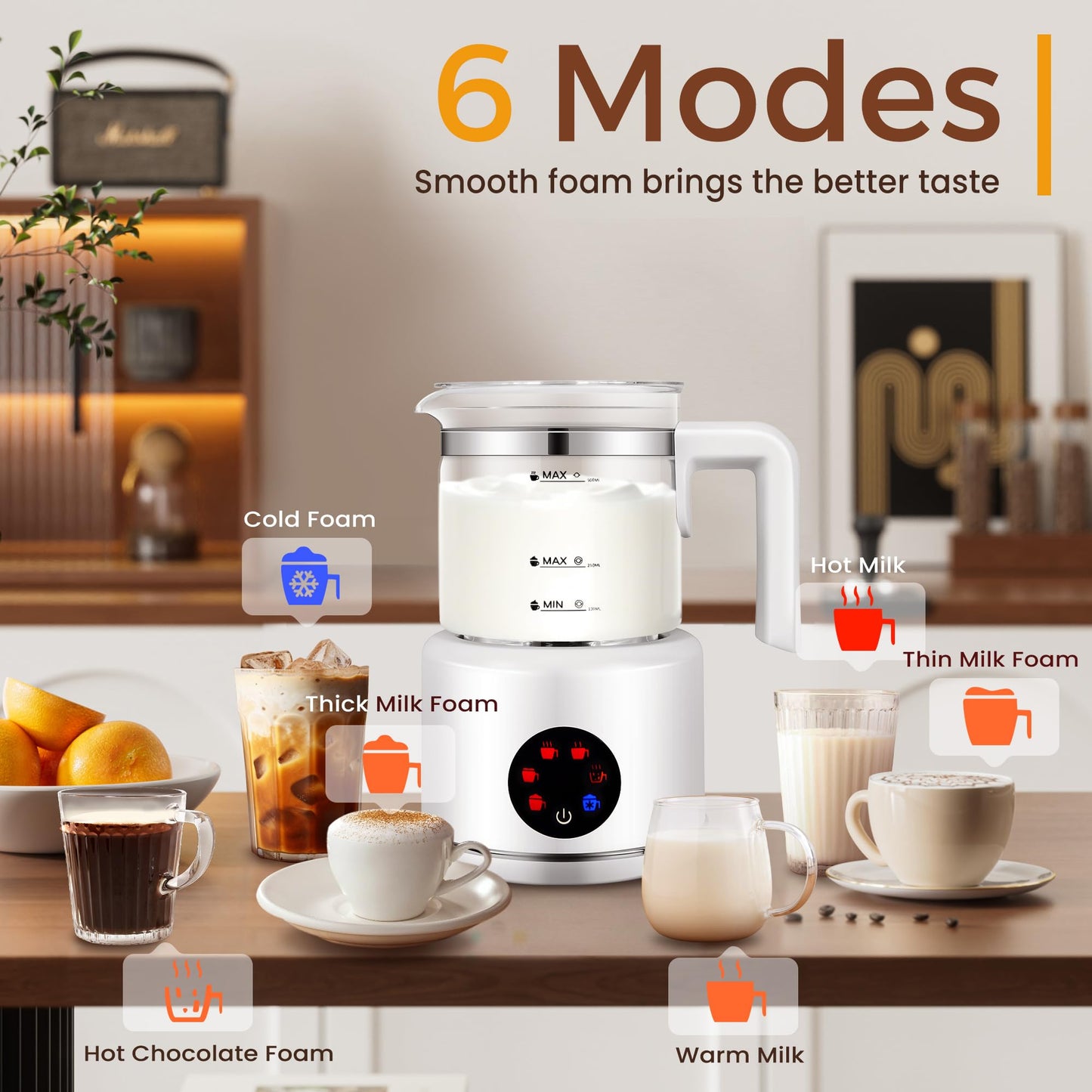 Milk Frother and Steamer, 6 in 1 Milk Steamer and Milk Warmer, 17oz Auto Shut Off Electric Frother with Touch Screen, (CQ1)