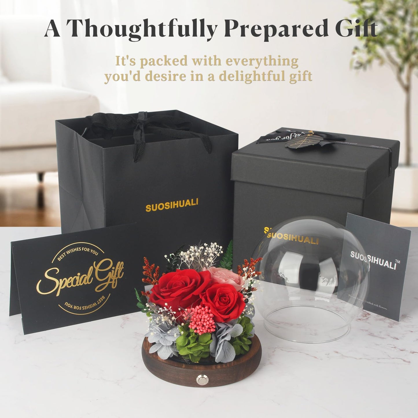 SUOSIHUALI Forever Rose Birthday Gifts for Women, Eternal Flowers for Delivery Prime, Preserved Red Rose Flowers in Glass Dome for Mom Grandma Wife Girlfriend,Home Decor