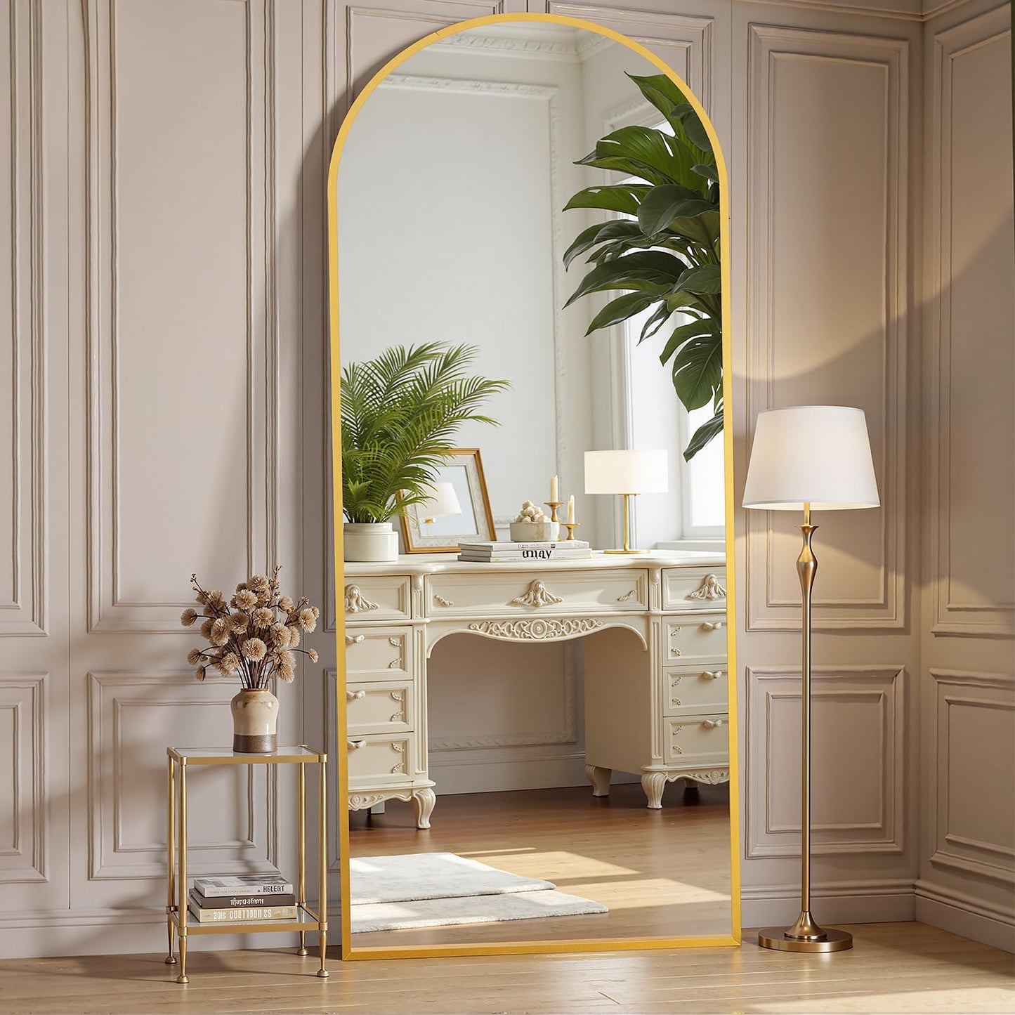OLIXIS 64"x 21.5" Arched Mirror Full Length, Full Body Mirror with Stand, Hanging or Leaning for Wall, Floor Standing with Shatter-Proof Glass for Bedroom, Living Room, Long, Gold