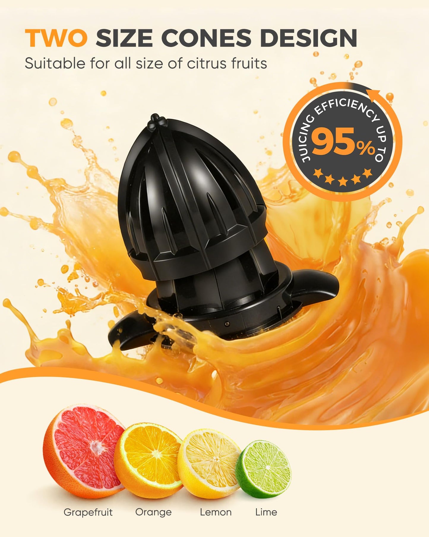 Amzpass Electric Orange Juicer, Citrus Juicer Squeezer with 2 Interchangeable Cones, 160W Electric Juicer Machine with Stainless Steel Body & Transparent Juice Collector for Lime Grapefruit Lemon
