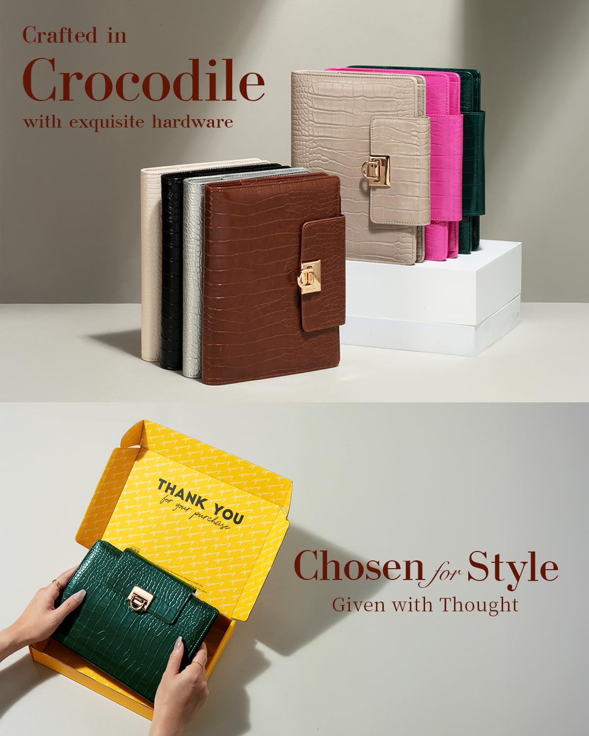 EGOSUNNY Croc-Embossed A5 PU Leather Planner 5.8" x 8.3", Refillable 6-Ring Binder with 80 Sheets, Dividers & Elegant Metal Ballpoint Pen – Elegant Organizer for Work & Everyday Use