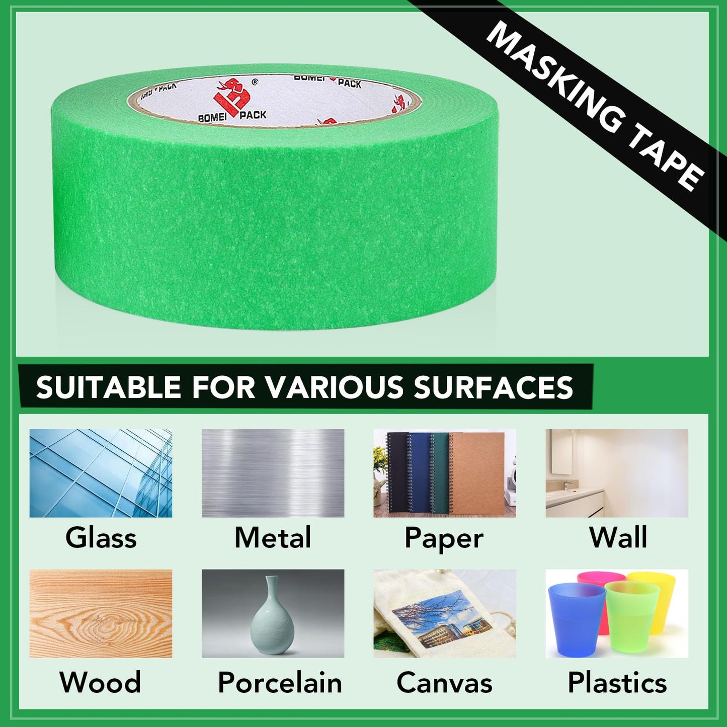 BOMEI PACK Green Painters Tape 1 Inch Bulk - Paint Tape 20 Rolls x 1 Inch x 55 Yards - Green Masking Tape for Walls Painting, DIY Crafting, Edge Finishing and School Projects, Total 1100 Yards