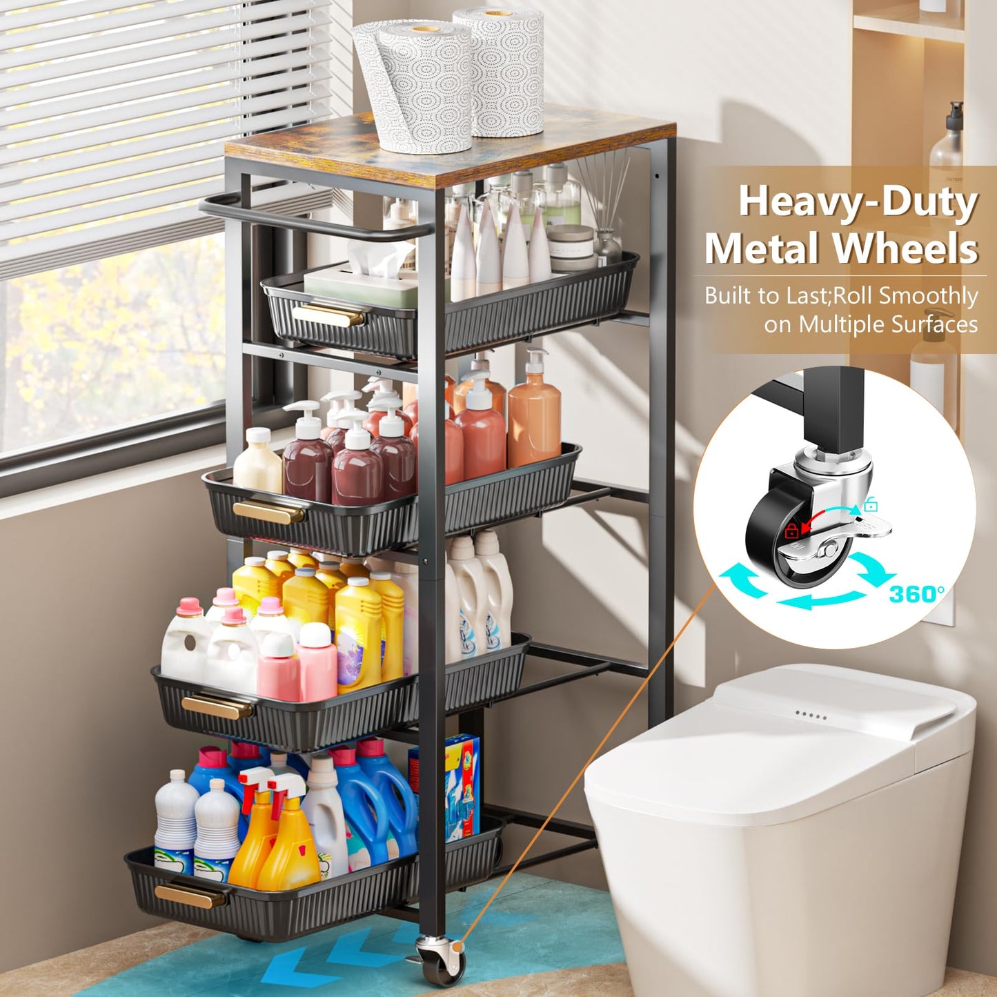 Vivihomety 5-Tier Rolling Utility Cart with Wheels, Kitchen Storage Cart with Wooden Top & Pull-Out Mesh Baskets, Large Capacity Organizer for Kitchen, Bathroom, Laundry Room Black