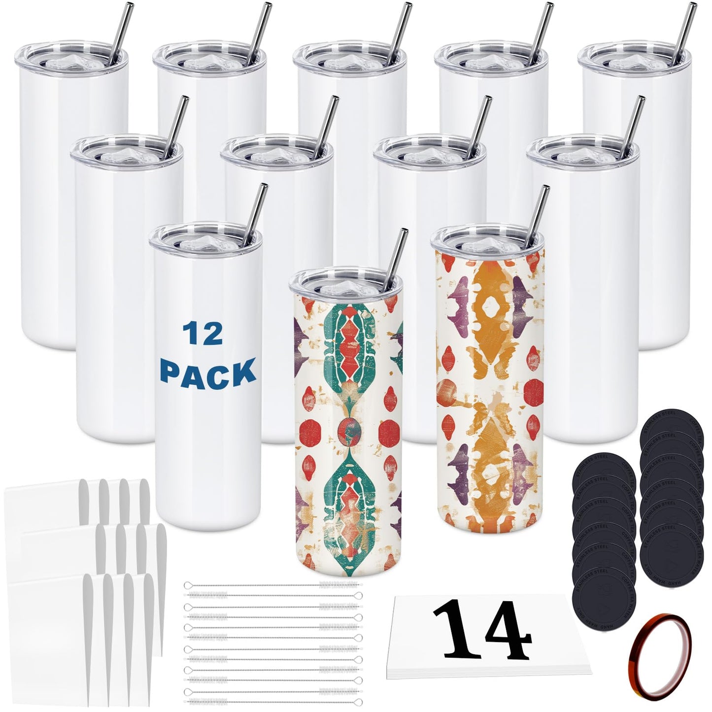 oaptuza 12 Pack 20 OZ Sublimation Tumblers Bulk, Skinny Straight White Sublimation Cups, Stainless Steel Double Wall Insulated Tumbler for Heat Transfer, Individually Boxed