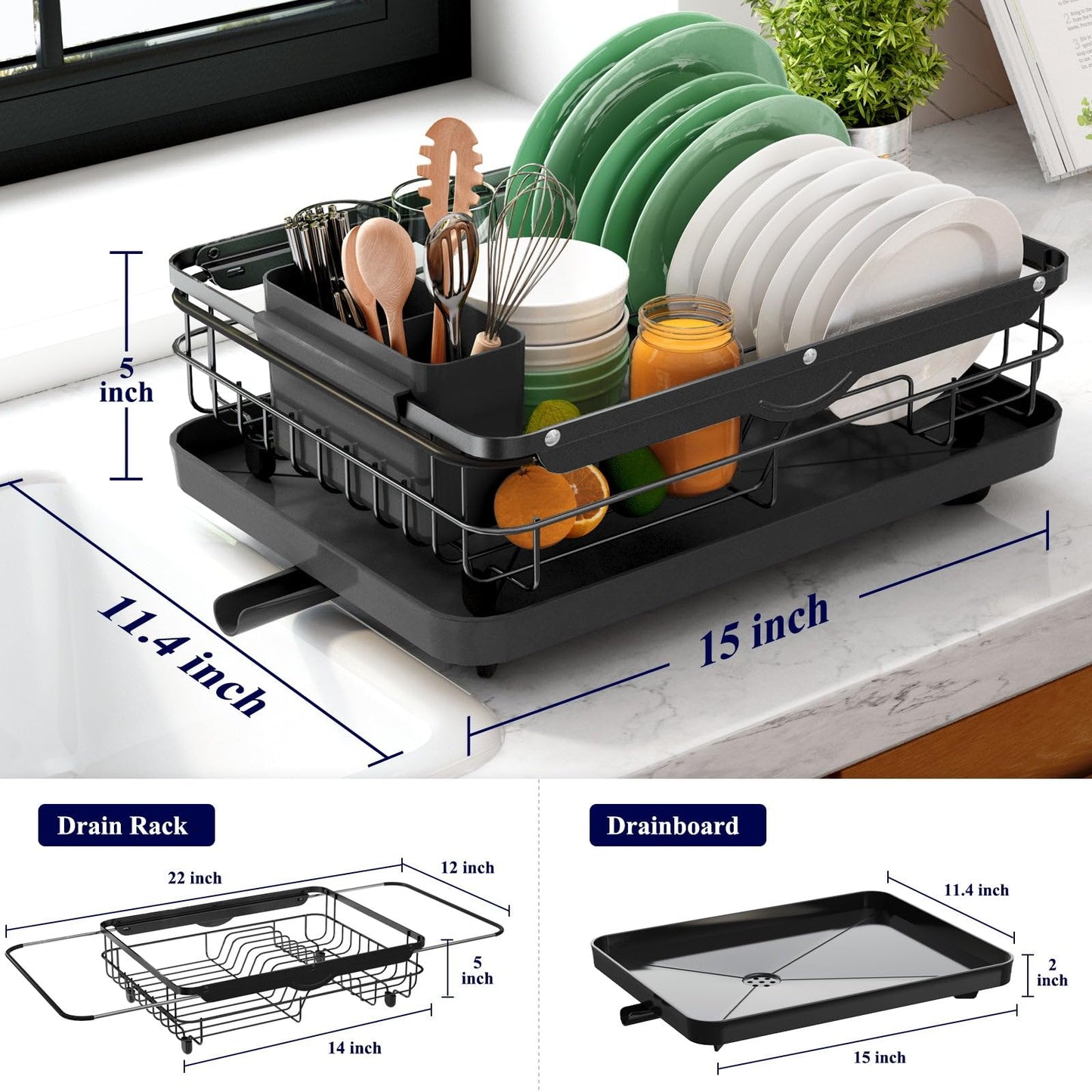 Kitsure Dish Drying Rack for Kitchen Counter, Stainless Steel Sink Organization and Storage Essentials with Cutlery Holder, Home and Appartment Decor, 12.2''W x 15.7''~23''L, Black