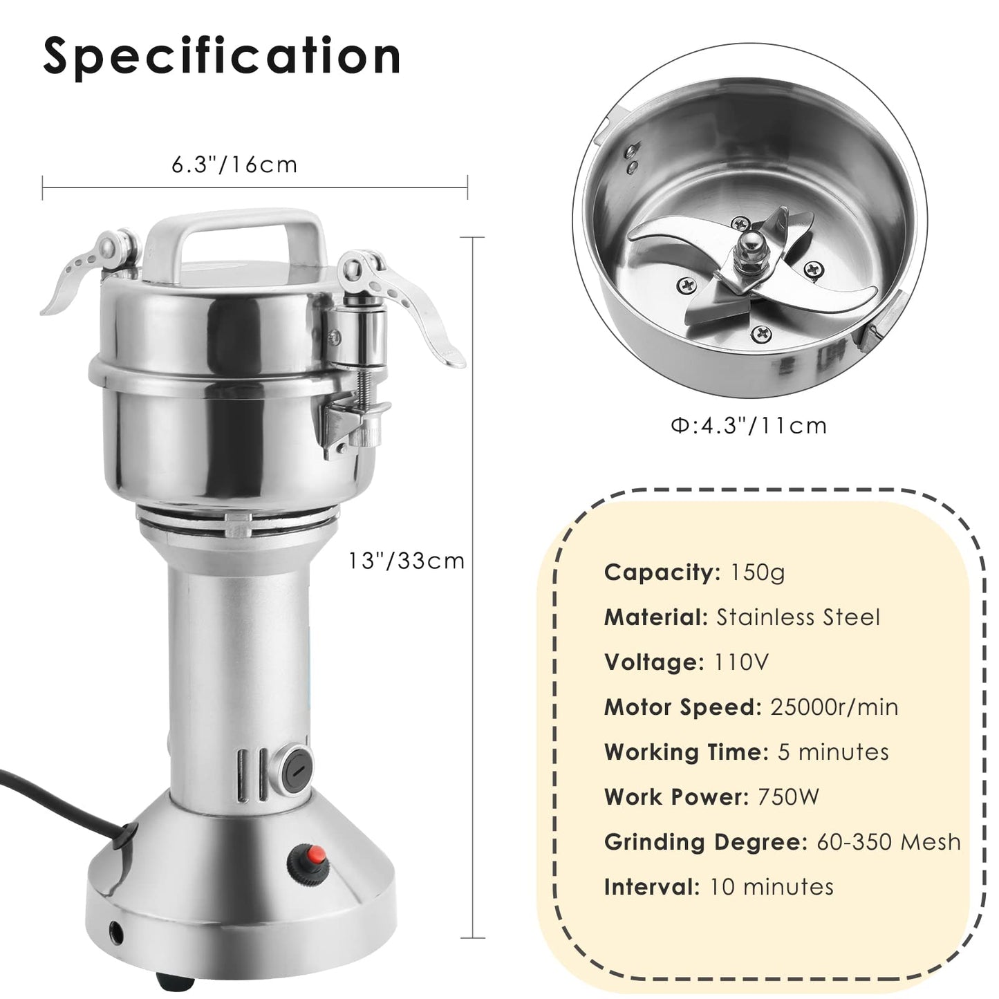 MYFULLY Electric Grain Mill Grinder High Speed Stainless Steel Pulverizer Mill Grinding Machine Cereals Corn Medicine Pearl Seasonings Spices Commercial Grade for Kitchen Grinding Machine (150g)