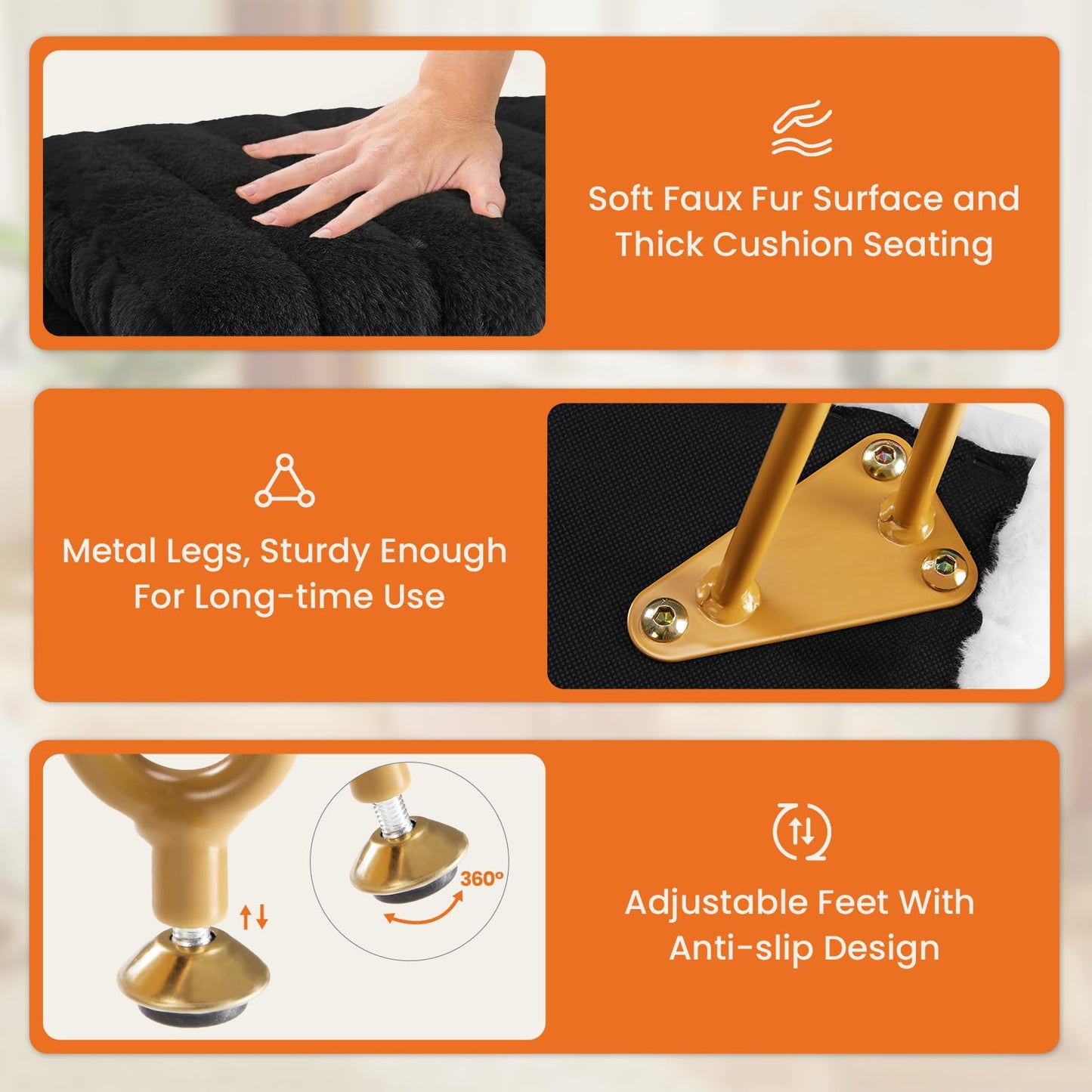 DUMOS Vanity Stool Chair, Ottoman with Storage, Makeup Cute Soft Small Footstool, Modern Style Faux Fur Seat with 4 Metal Legs & Adjustable Feet for Dressing, Living Room, Bedroom, Dorm, Black
