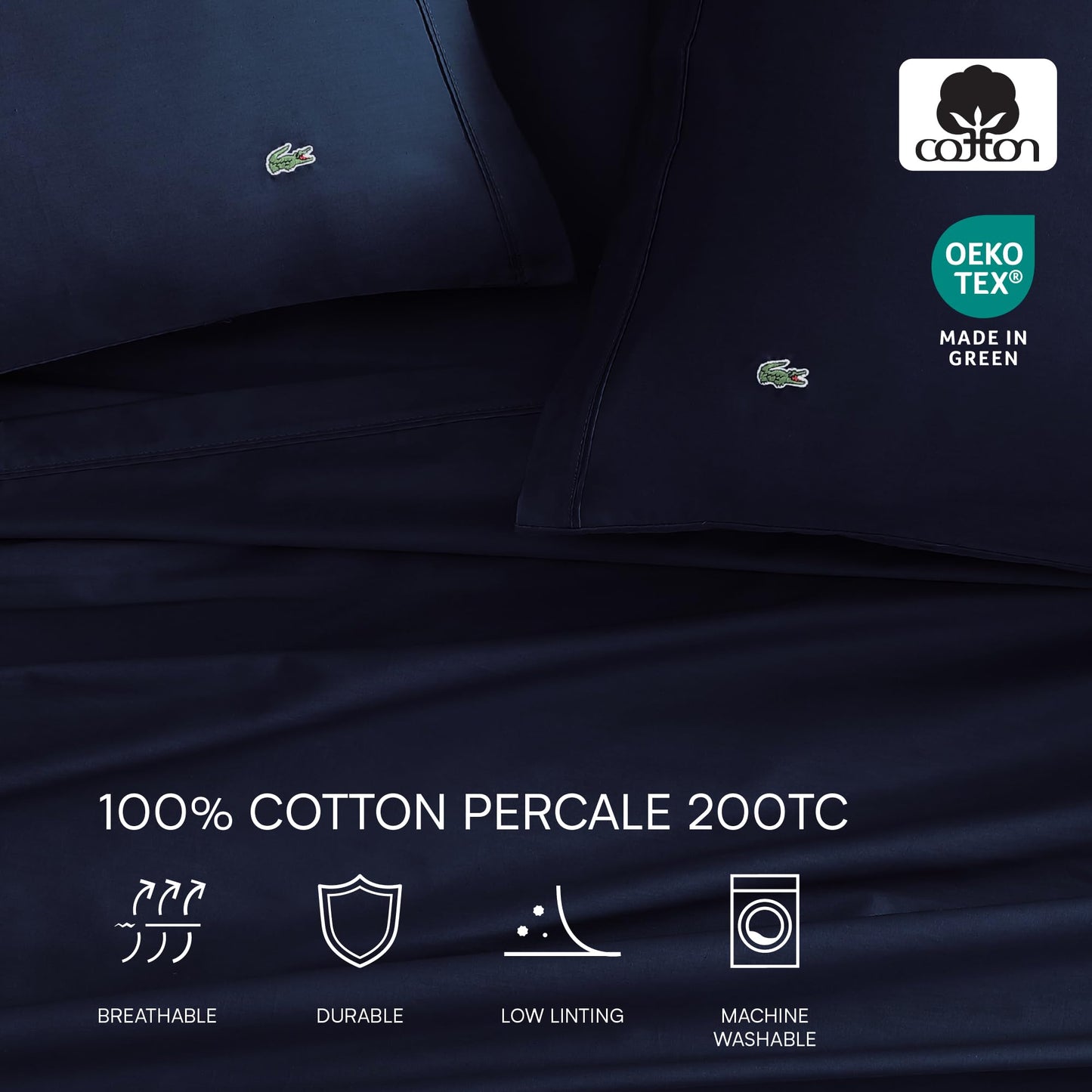 Lacoste 100% Cotton Percale 4-Piece Sheet Set – Crisp Cool Breathable All-Season Bedding, Oeko-Tex Certified, Soft Matte Finish, Durable Premium Cotton – Solid, Navy, Queen
