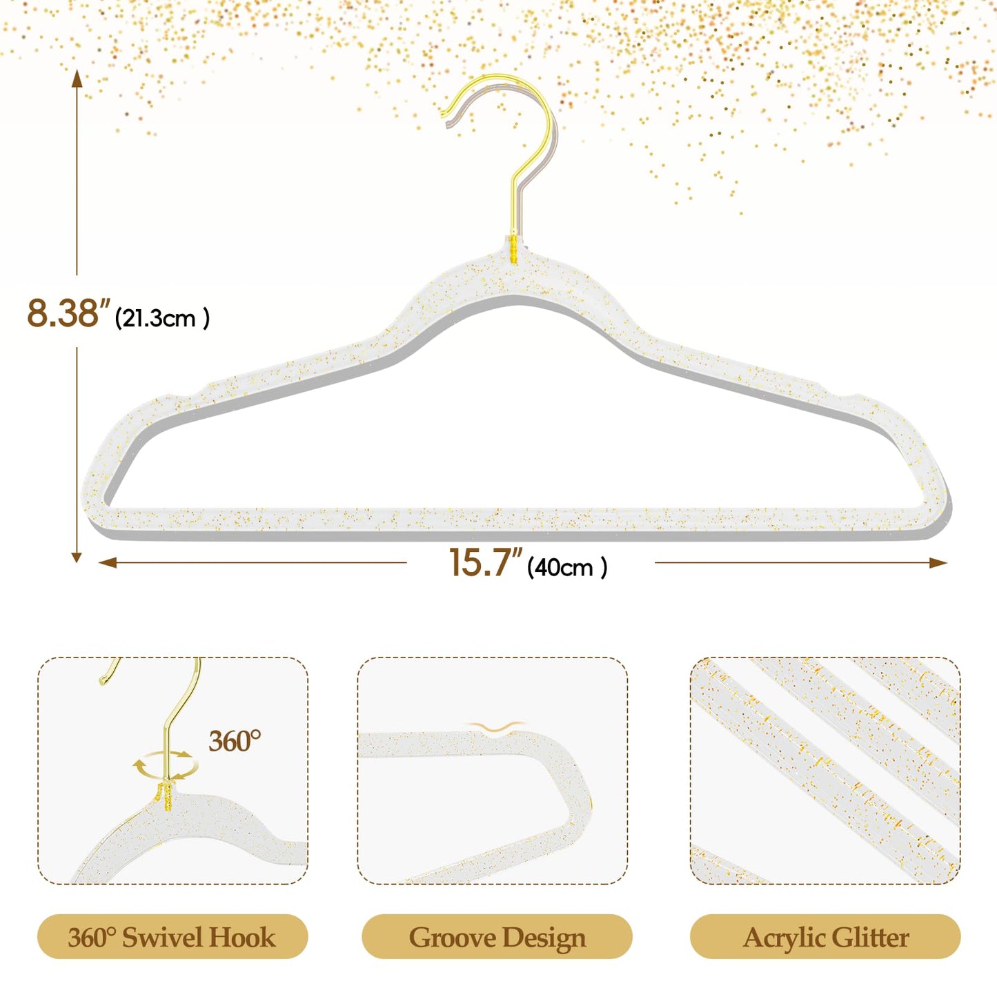 50 Pack Clear Plastic Hangers with Gold Glitter, Acrylic, Ultra Slim, Space Saving, for Coats, Pants, Suits, Shirts, Skirts, Dress Clothes