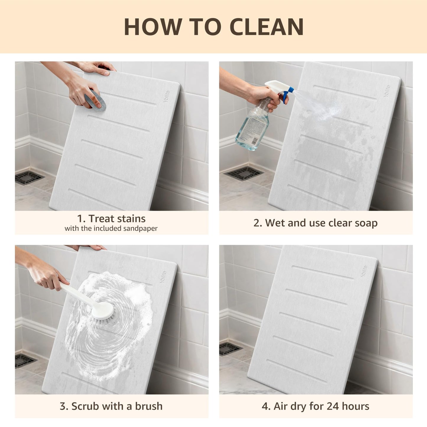 Yolife Stone Bath Mat Large, 32" x 20" Diatomaceous Earth Bath Mat for Bathroom, Super Absorbent Quick Drying Bathroom Stone Mat, Non-Slip Diatomite Shower Mat, Easy to Clean (White Grey)