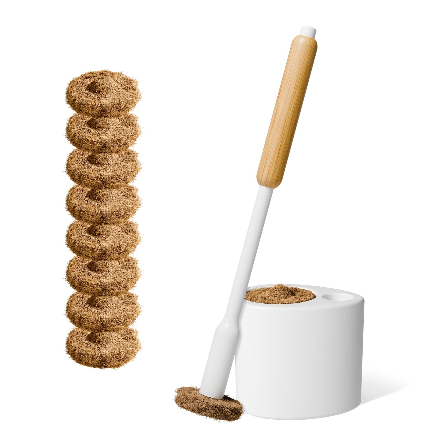 TUSHY Toilet Brush 2.0 Set: with Cleanser-Infused Pads and Holder (Disposable Planet Friendly Refills), Includes 8 Lemon and Tea Tree Coconut Husk Scrubbing Pads