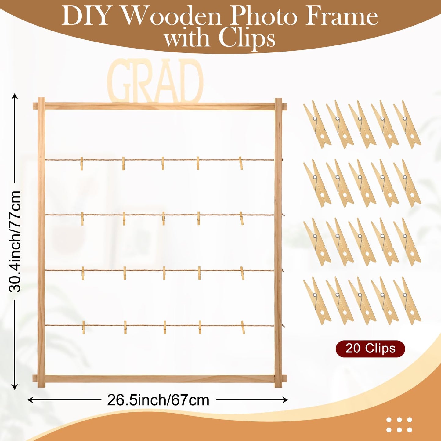 Cinnvoice Graduation Wooden Photo Display Board 30.4 x 26.5 Inch Grad Pictures Display Frame with 24 Clips Large Pictures Board for Graduation Party Hanging Photos Postcards Greeting Cards