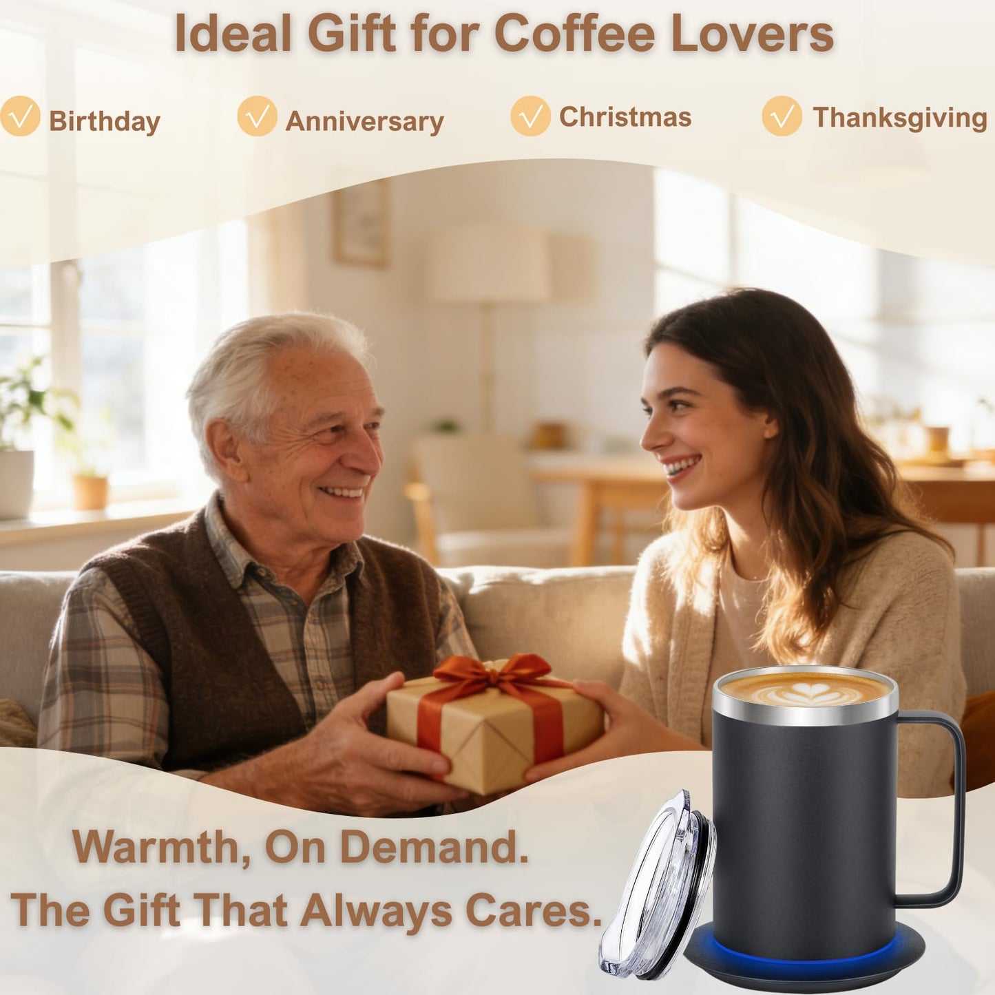 Zhenglu Coffee Warmer Mug Set for Desk, Self Heating Coffee Cup with Lid, USB Electric Coffee Mug with Temperature Control(Black-14oz)