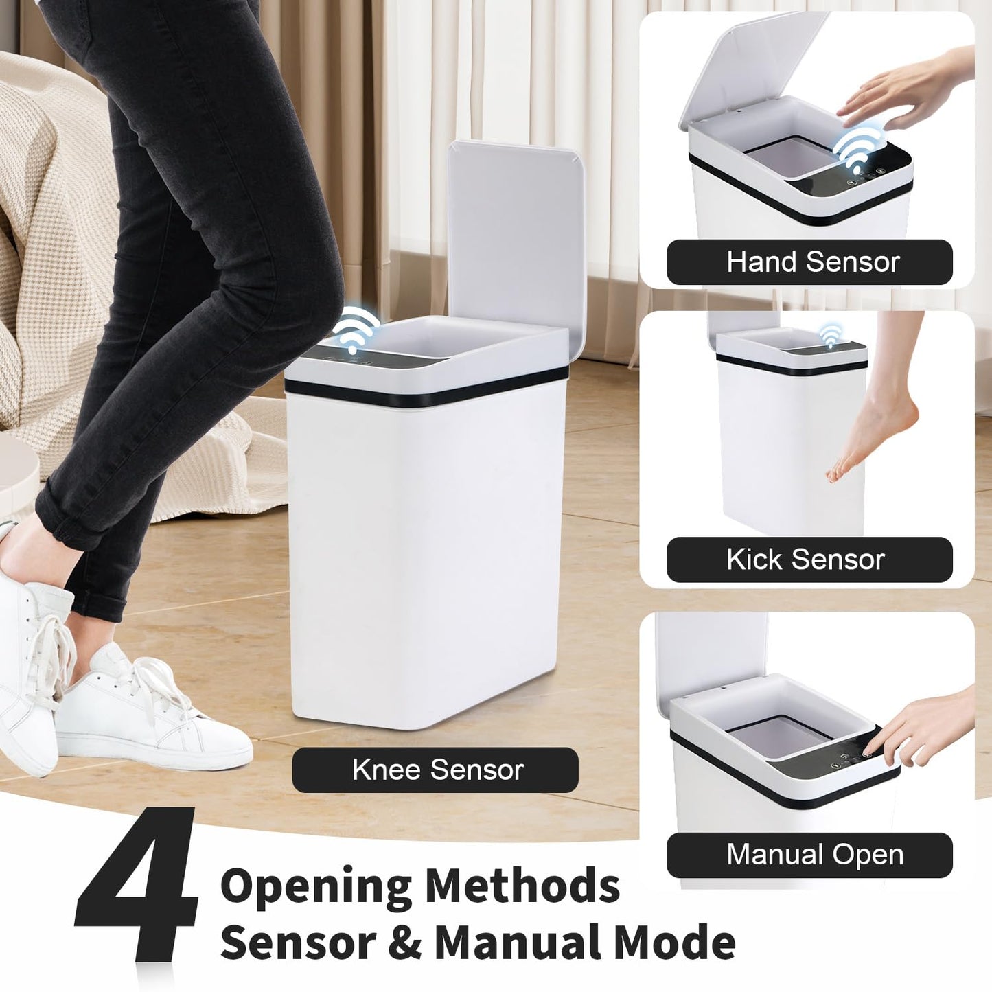 SHTALHST 3 Pack Bathroom Trash Can with Lid, 2.5 Gallon Small Slim Trashcan, Automatic Trash Can Touchless, Motion Sensor Waterproof Plastic Trash Bin for Bedroom Kitchen Office Living Room (White)