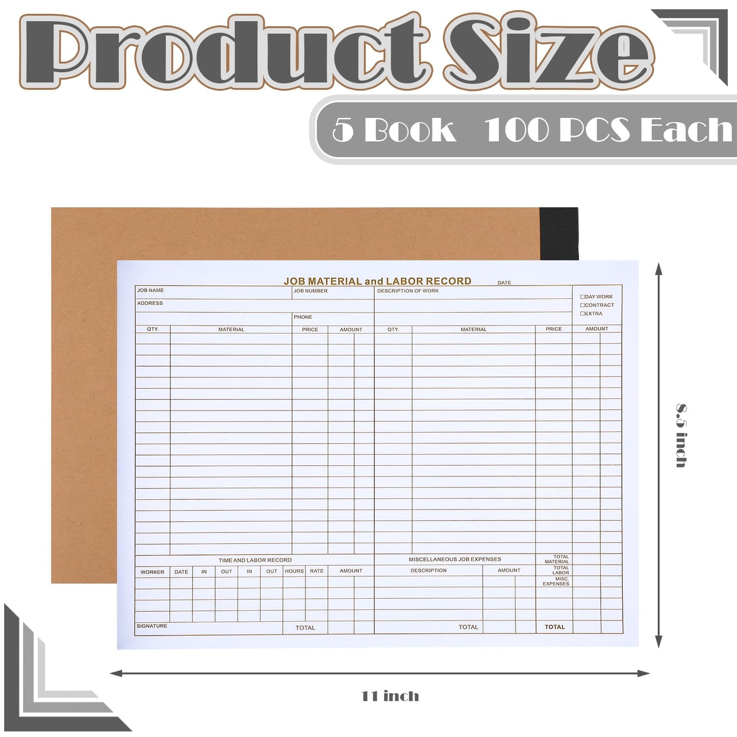 Epakh 5 Pack Material and Labor Records Pads - Job Forms Record 100 PCS Each Precut Lines with Carbon Copy for Small Business Construction Industry