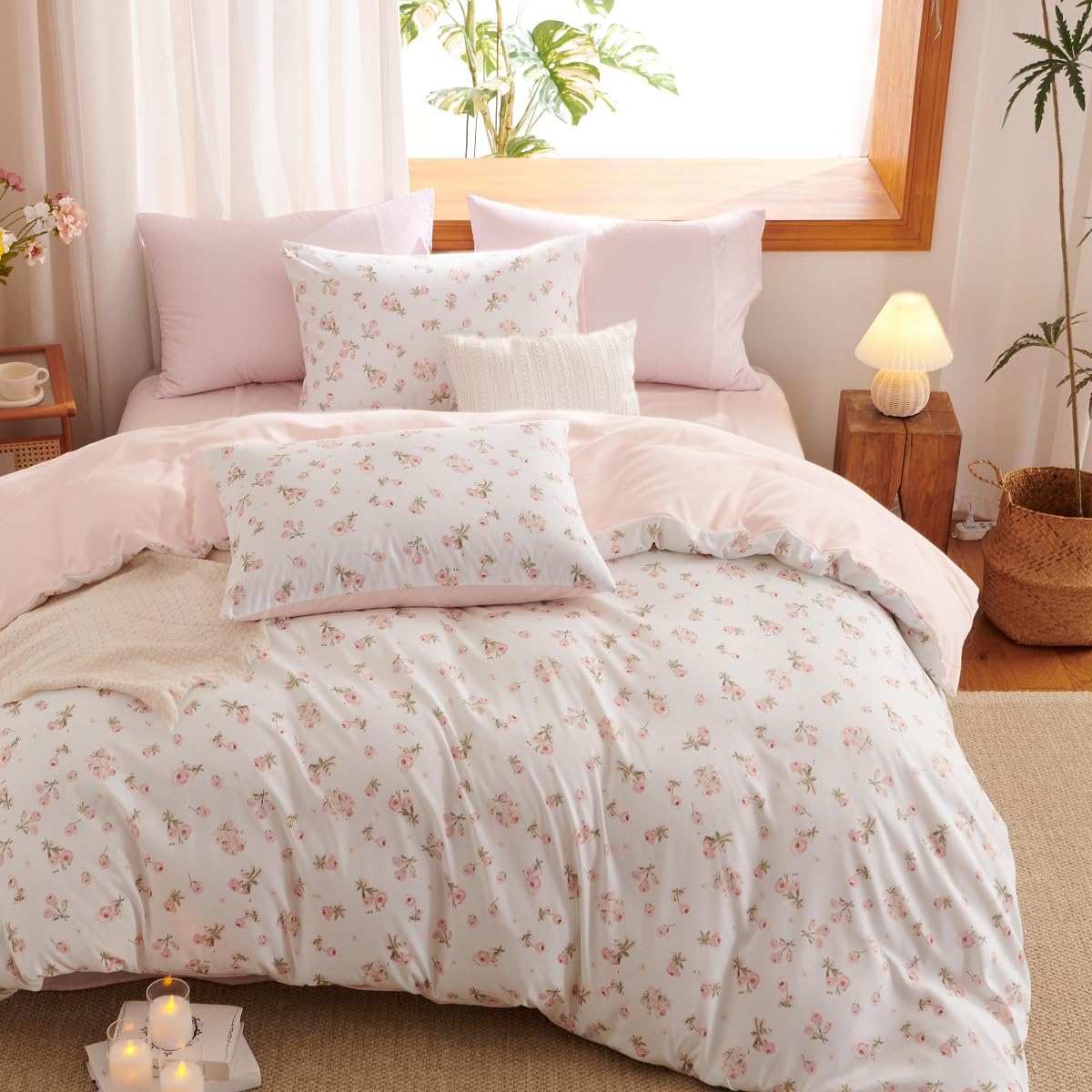 Erwinmu Floral Comforter Set Queen Size - 3 Pieces Pink White Floral Comforter Bedding Sets Reversible Pattern,Queen Bed in a Bag with Flowers Comforter and 2 Pillowcases