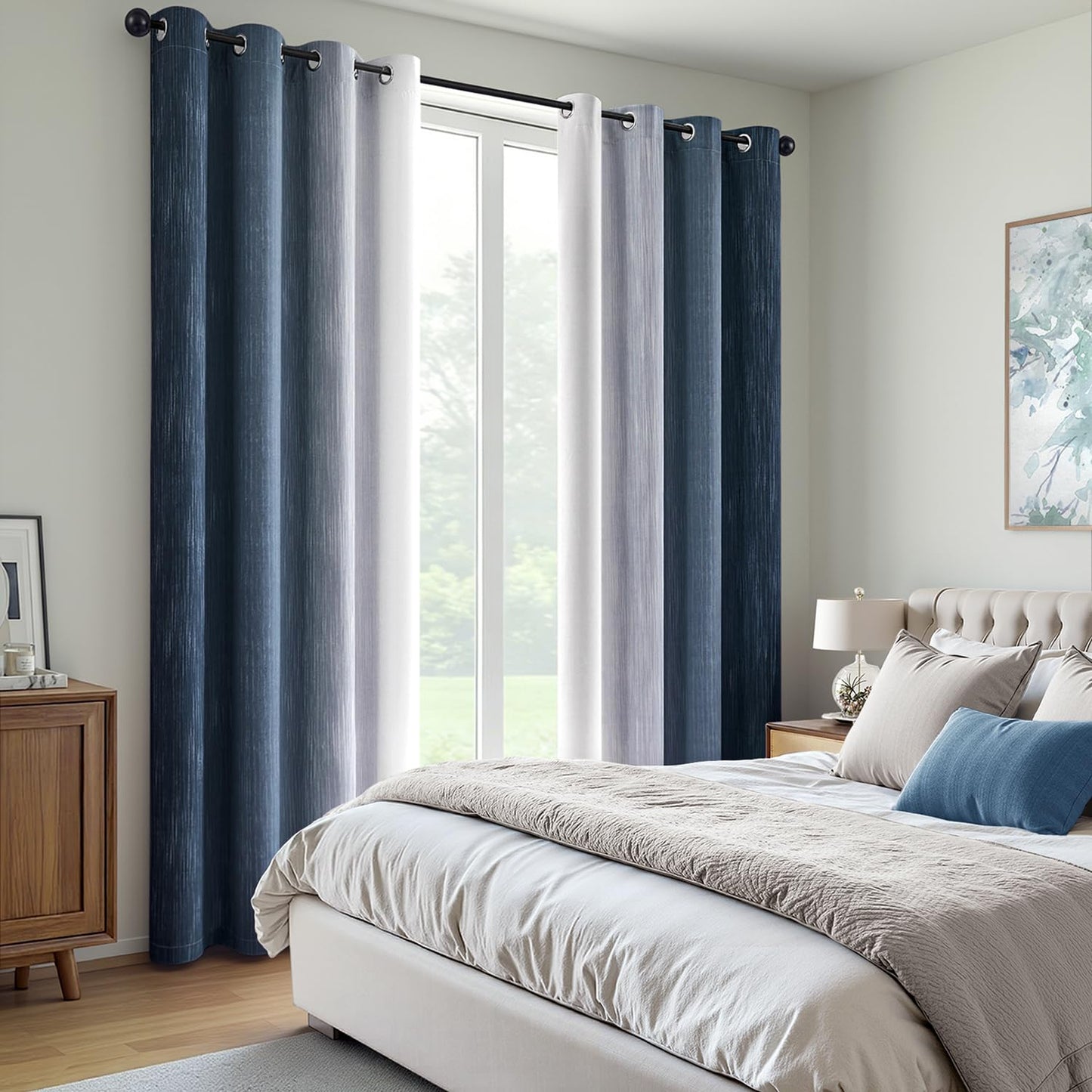 MIULEE Navy Blue and Greyish White Ombre Blackout Curtains, Full Room Darkening Thermal Insulated 84 Inches Long Drapes for Bedroom/Living Room Grommet Window Treatments Modern 52Wx84L, Set of 2