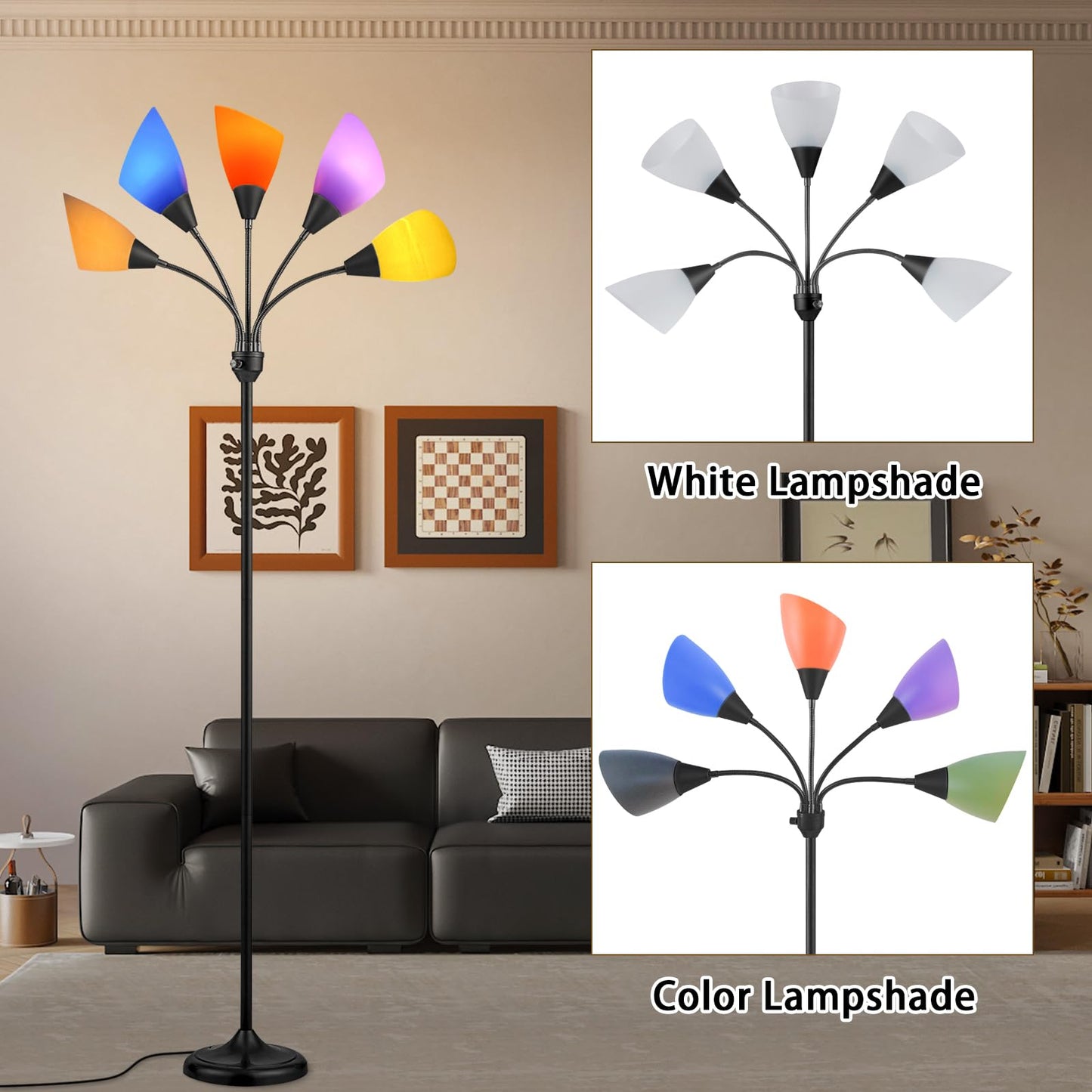 lianheng Medusa Floor Lamp, Multi Head 5 Light Floor Lamp for Bedroom with 10 Lampshade, Adjustable Neck Reading Standing Lamp for Living Room,Office,Kids,Classroom (Black)